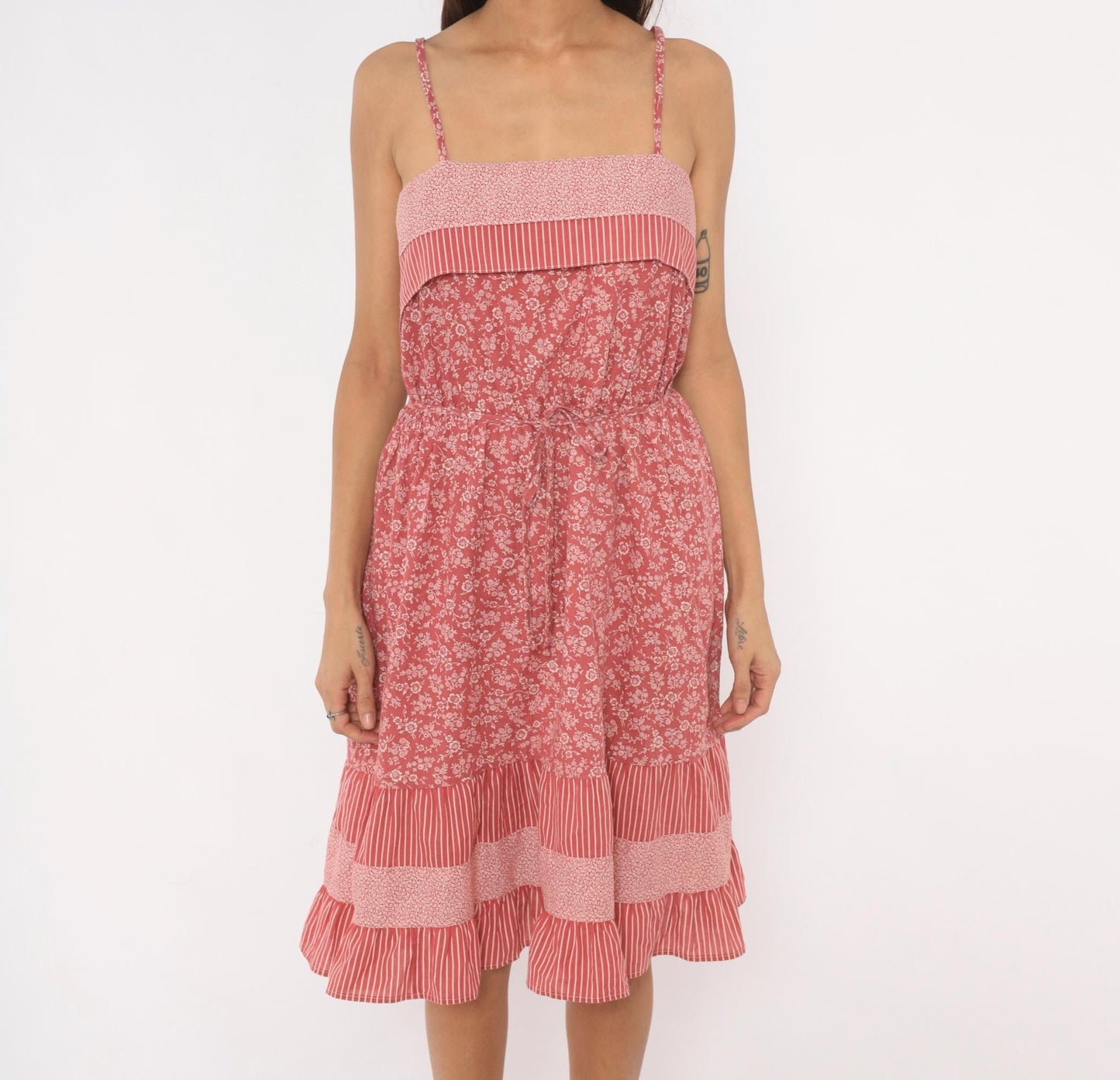 80s Pink Floral Sundress Spaghetti Strap Cotton Drawstring Waist Ruffle Medium M