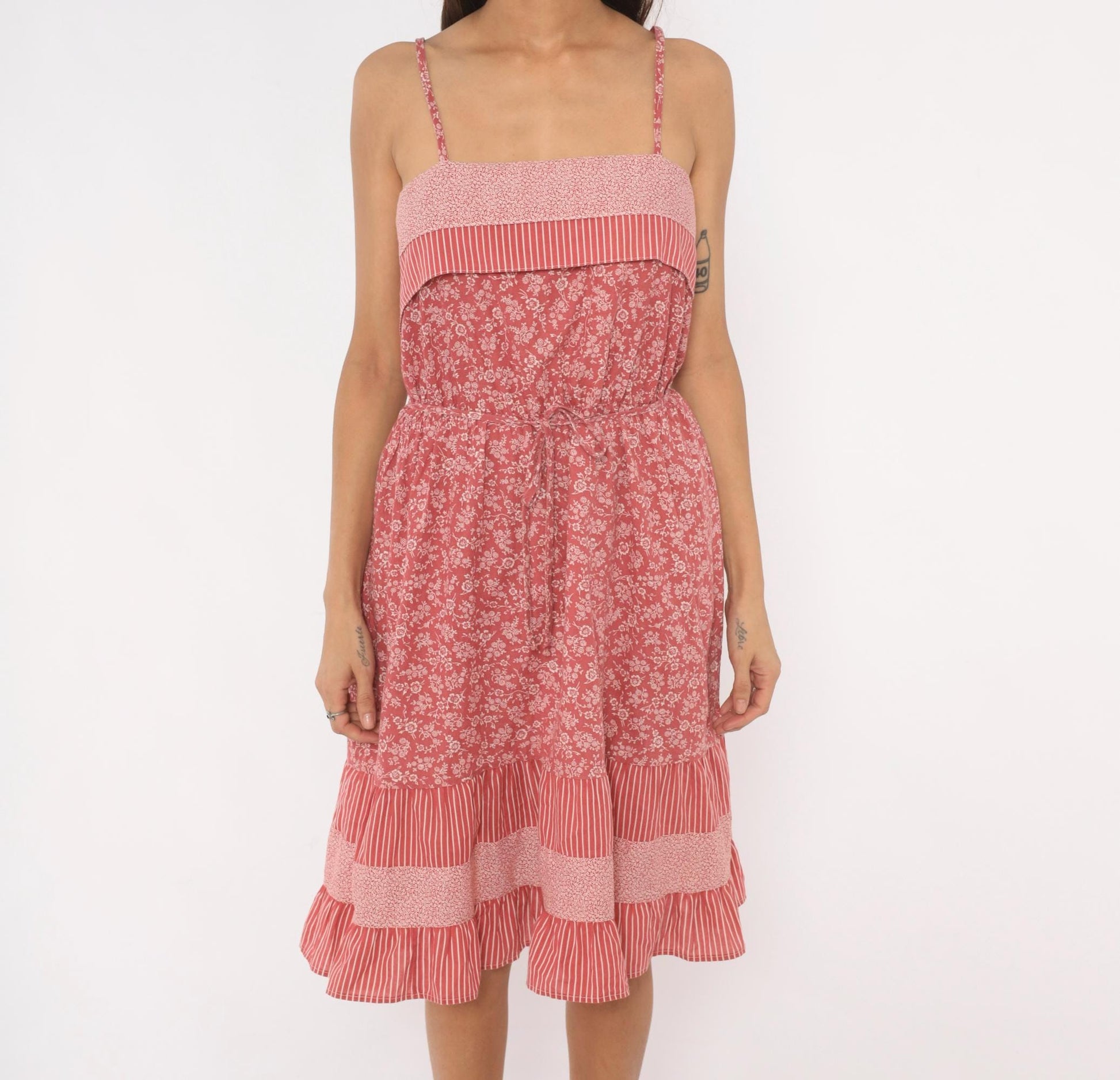 80s Pink Floral Sundress Spaghetti Strap Cotton Drawstring Waist Ruffle Medium M