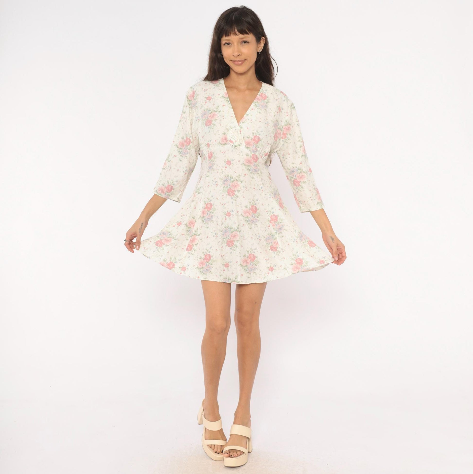 90s Eber Rose Floral Mini Dress Cream V-Neck Rosette Large L