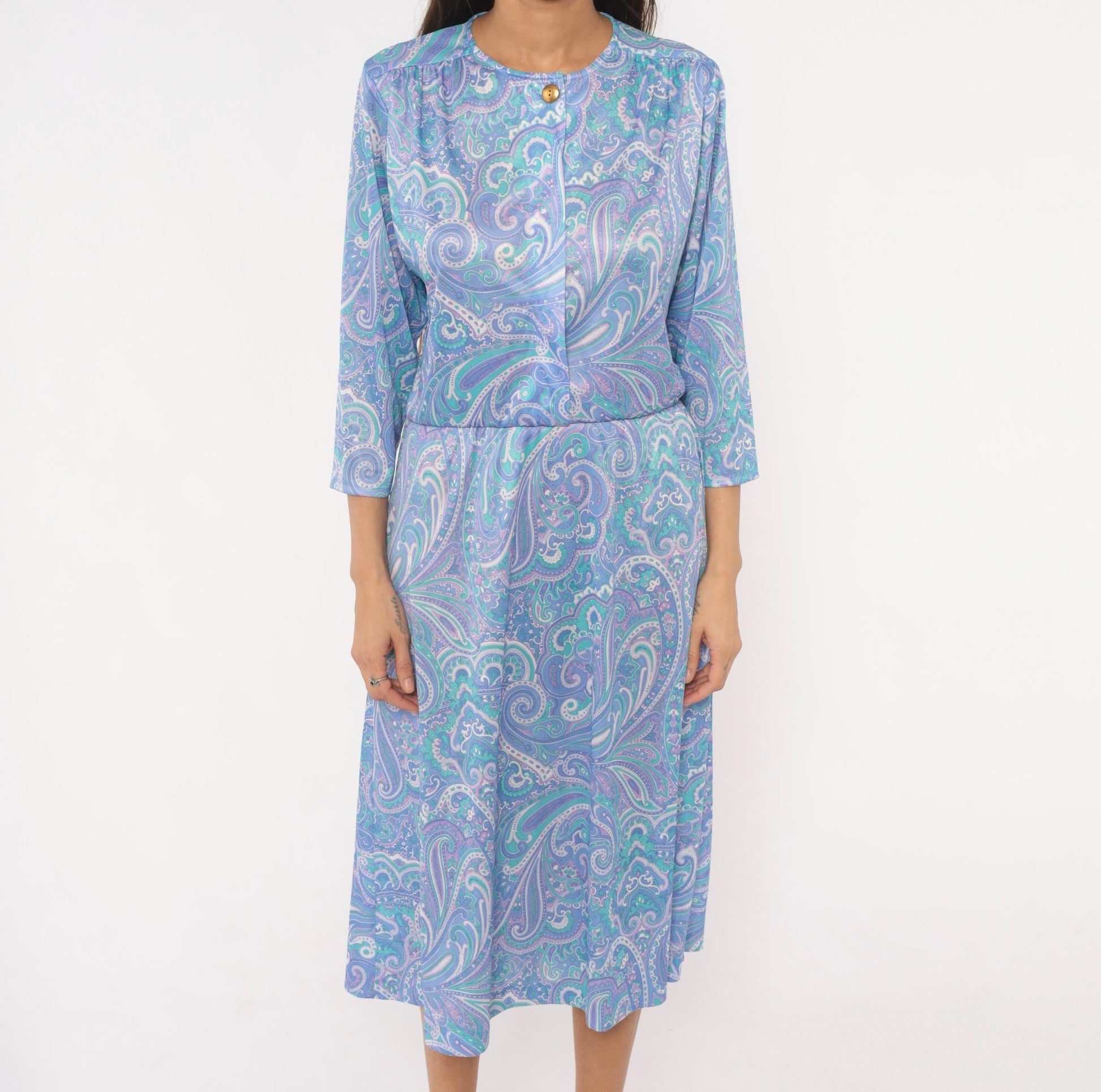 90s Blair Paisley Midi Dress Periwinkle Purple Teal Swirl Print Medium M