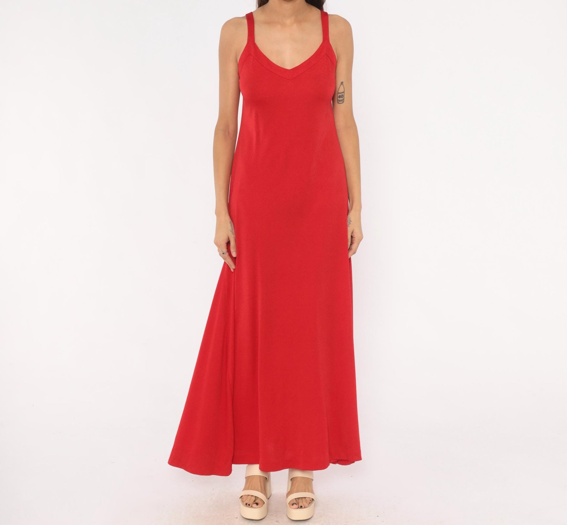 70s Red Maxi Dress V Neck A-Line Slip Gown Strappy Tank Medium M