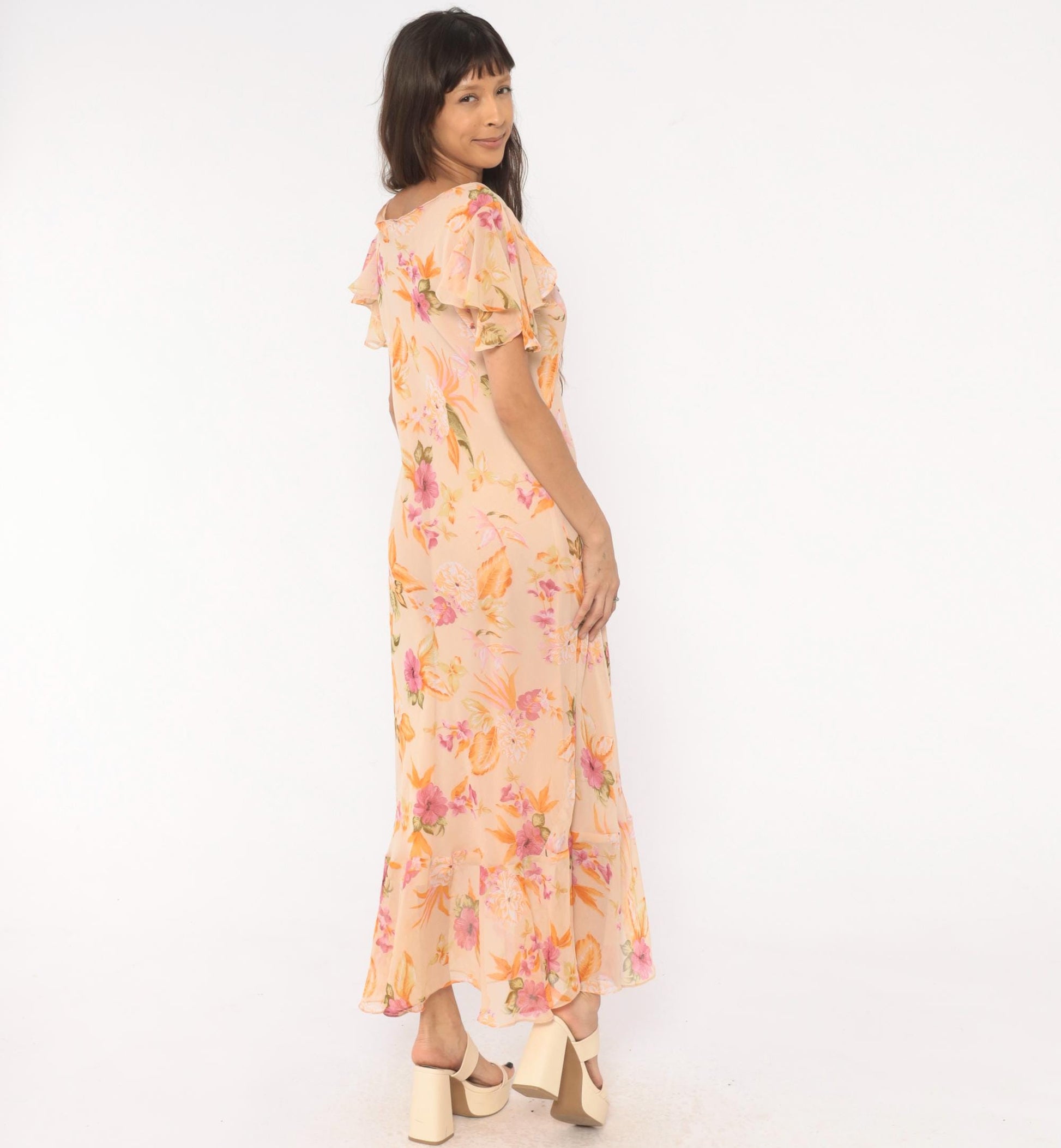 80s Jessica Taylor Peach Floral Maxi Dress Flutter Sleeve Cowl Neck Large L
