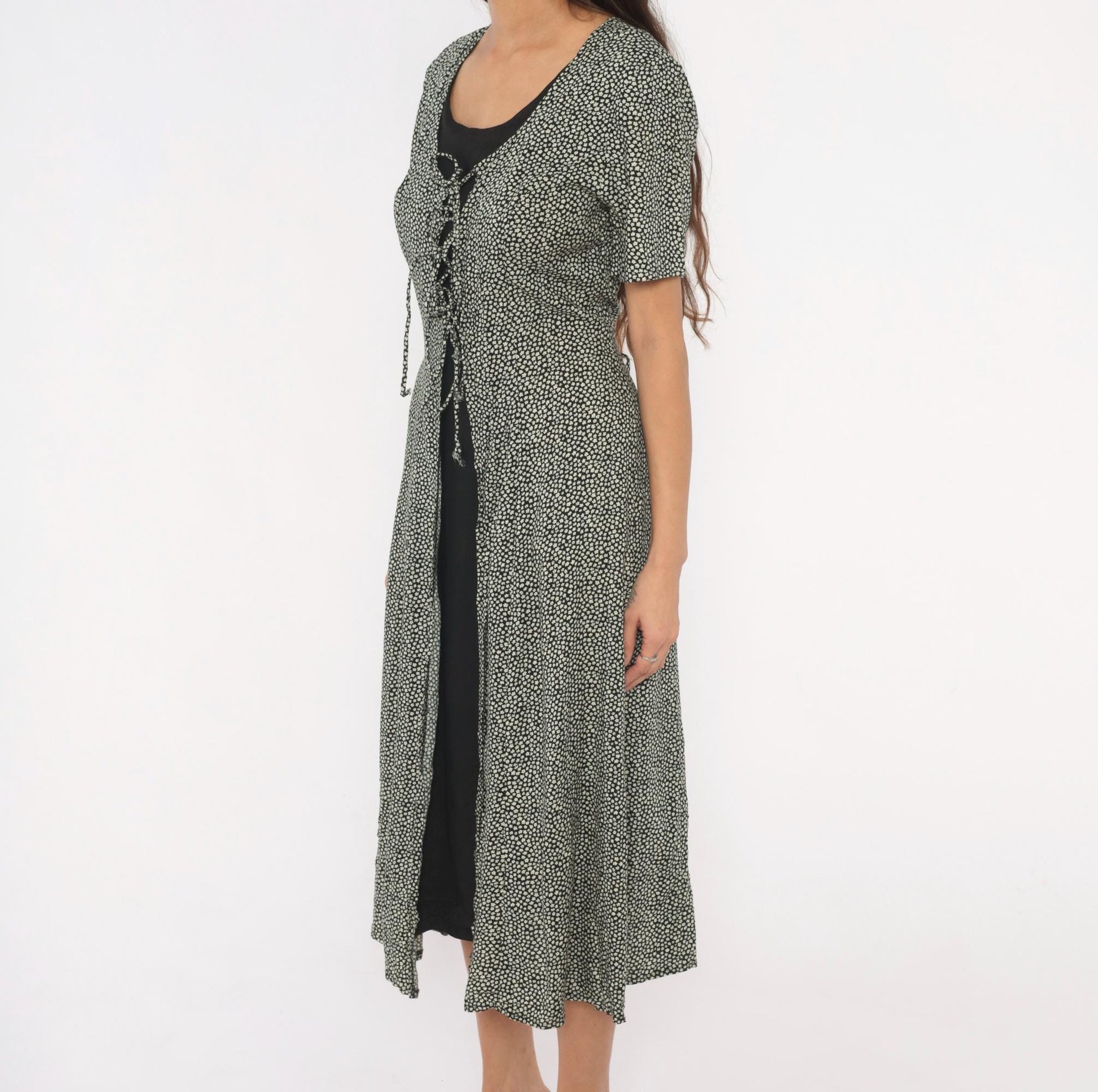 90s Statements Black Cream Dotted Midi Dress Lace-Up Front Medium