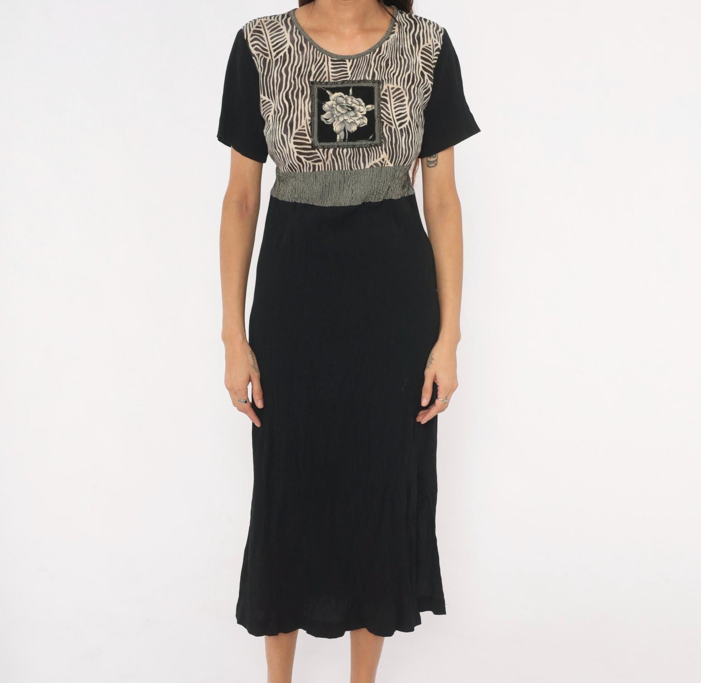 90s Naturally Petite Zebra Leaf Midi Dress Black Cream Floral Small