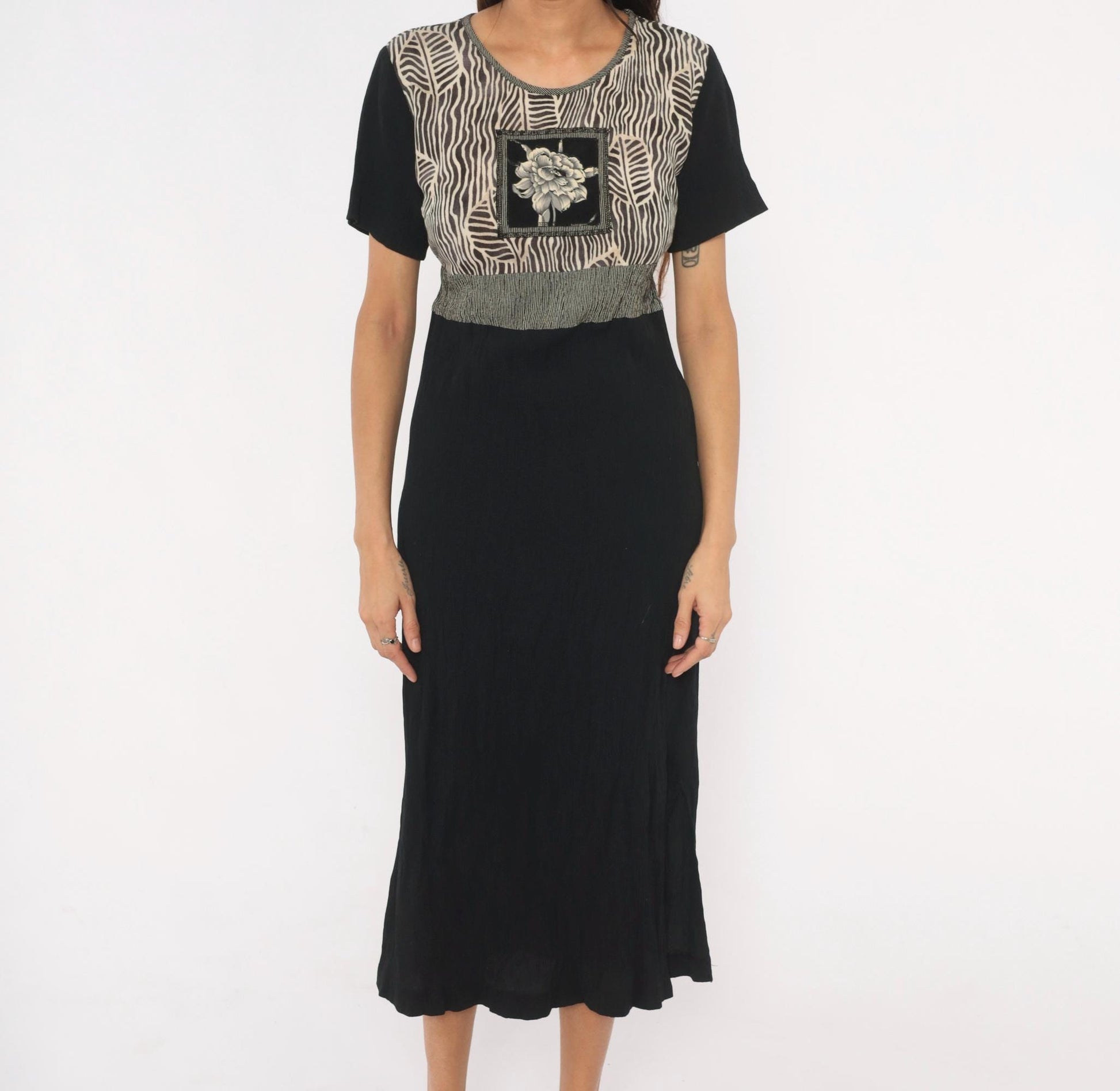 90s Naturally Petite Zebra Leaf Midi Dress Black Cream Floral Small