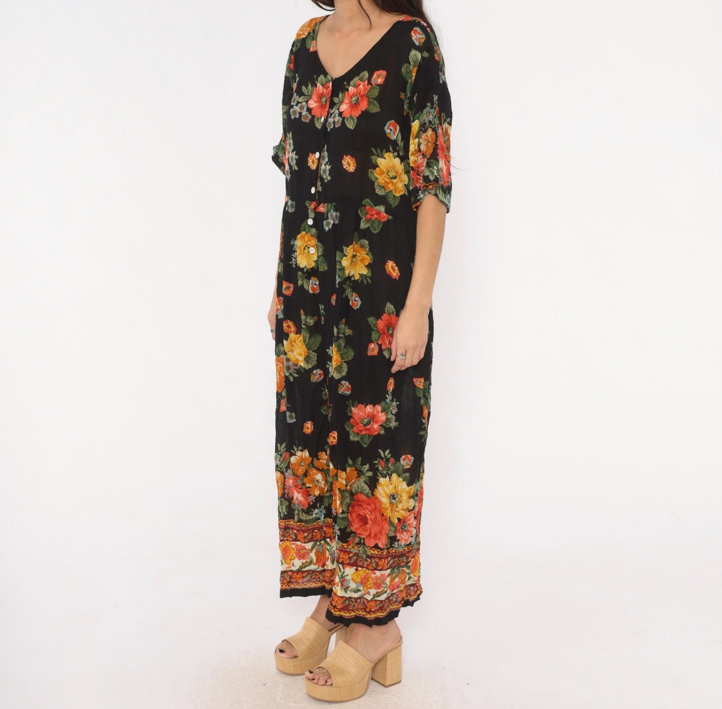 90s La Cera Floral Jumpsuit Black Rose Wide Leg V Neck Short Sleeve Extra Large XL