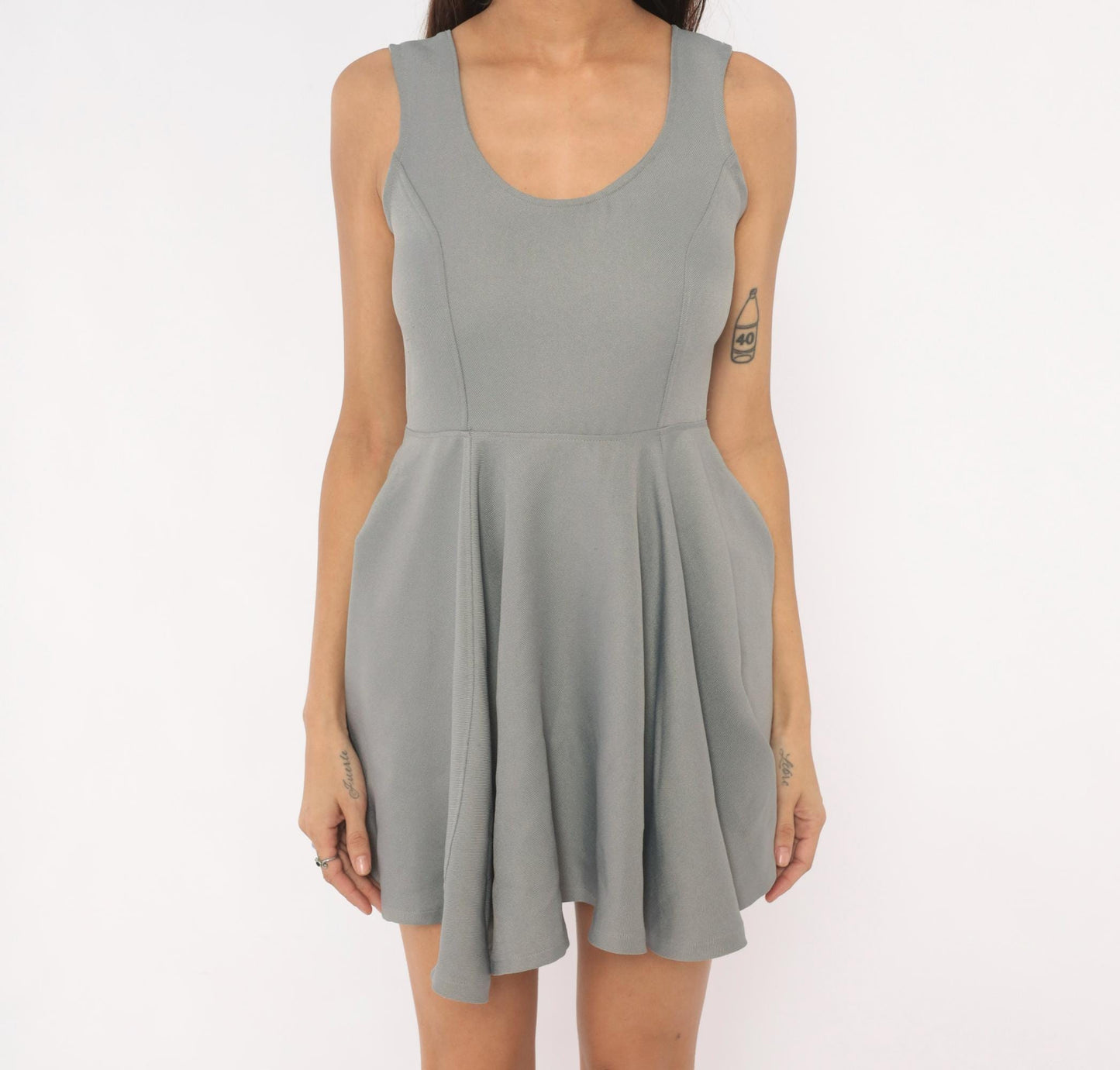 Y2K Grey Angel Wing Embroidered Mini Dress Sleeveless Skater Small S