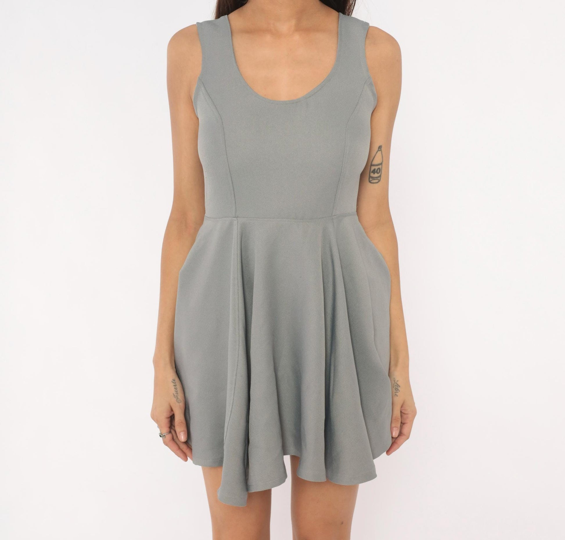 Y2K Grey Angel Wing Embroidered Mini Dress Sleeveless Skater Small S