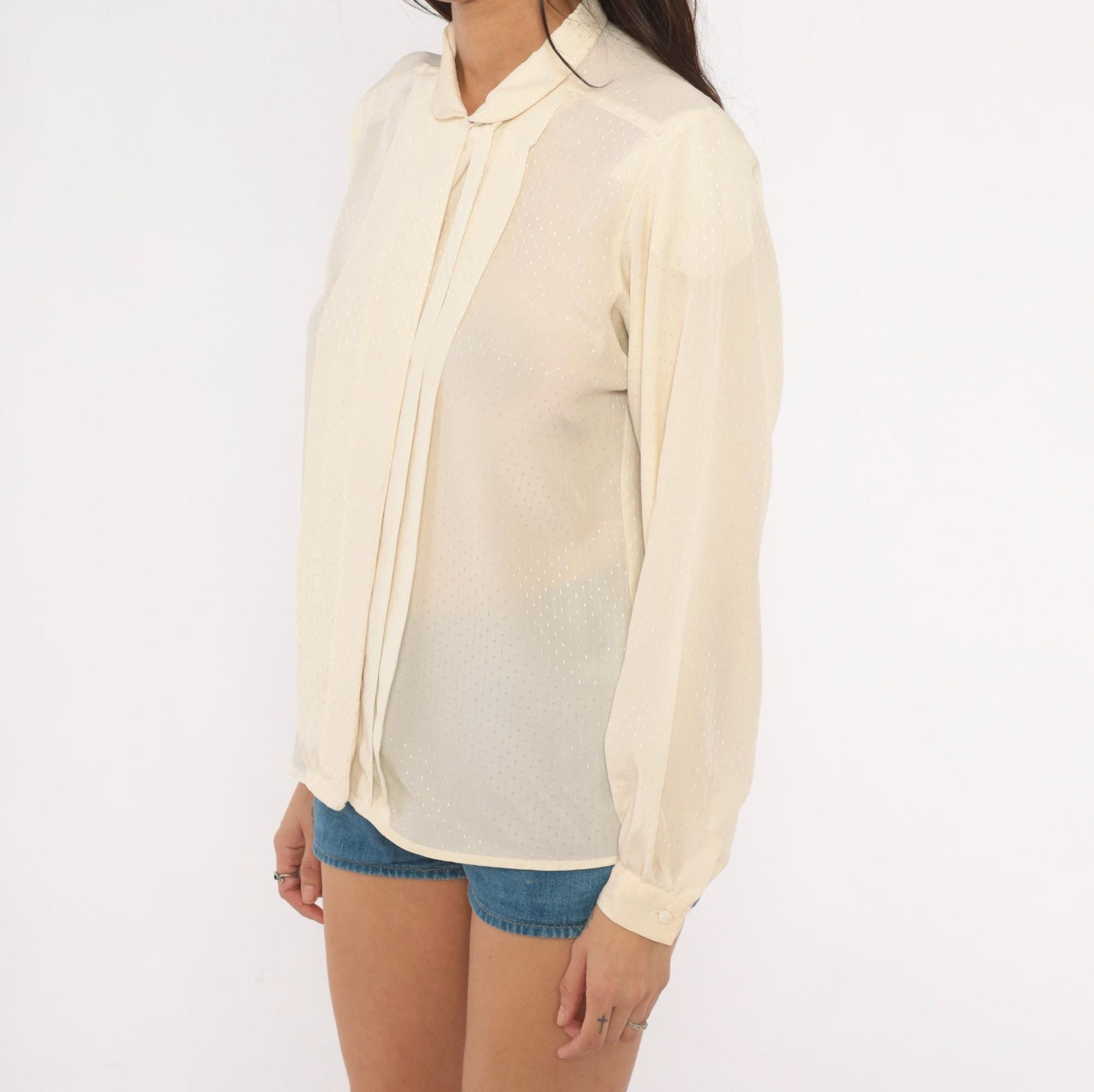 80s Country Suburbans Cream Swiss Dot Blouse Peter Pan Collar Small