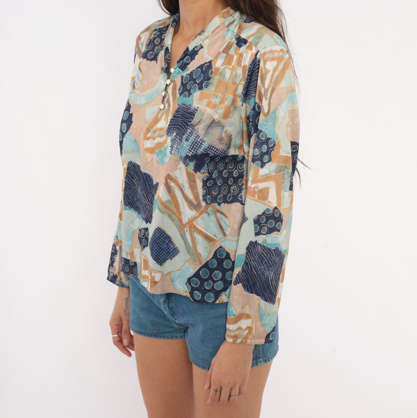 70s Village Fair Abstract Patchwork Blouse Geometric Print Teal Medium
