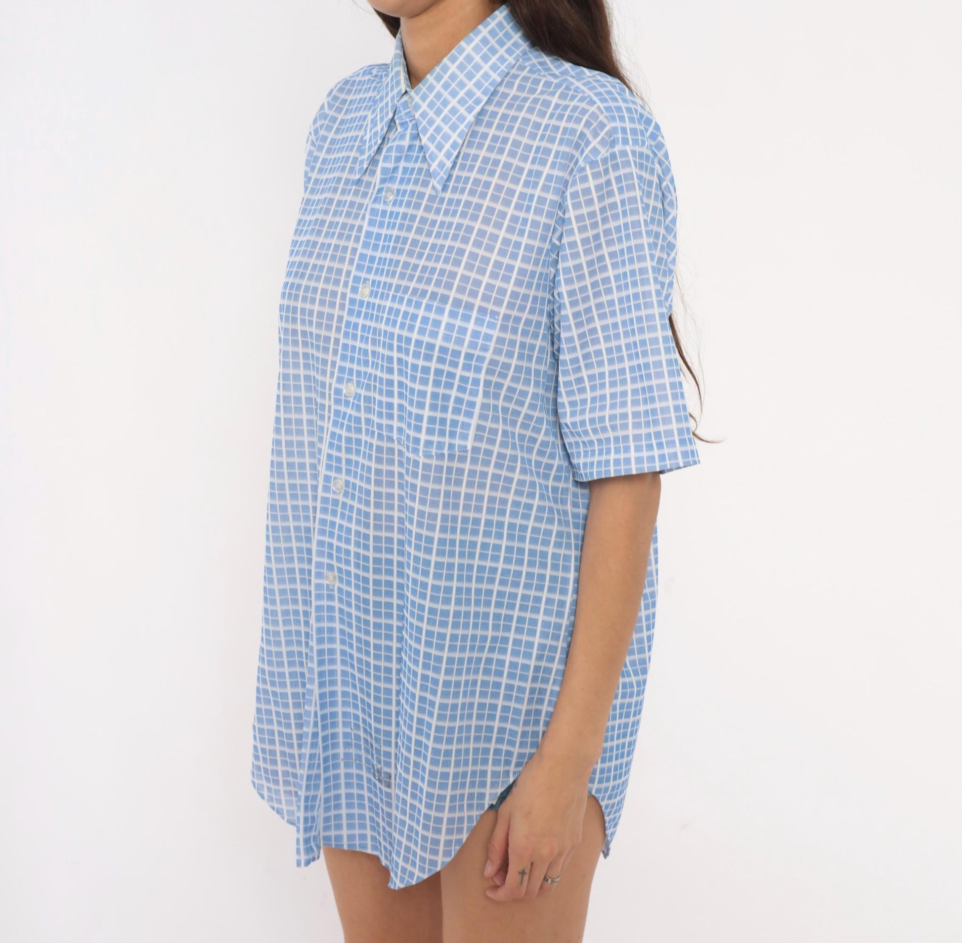 70s Dectolene Blue Windowpane Grid Check Shirt Pointed Collar Extra Large
