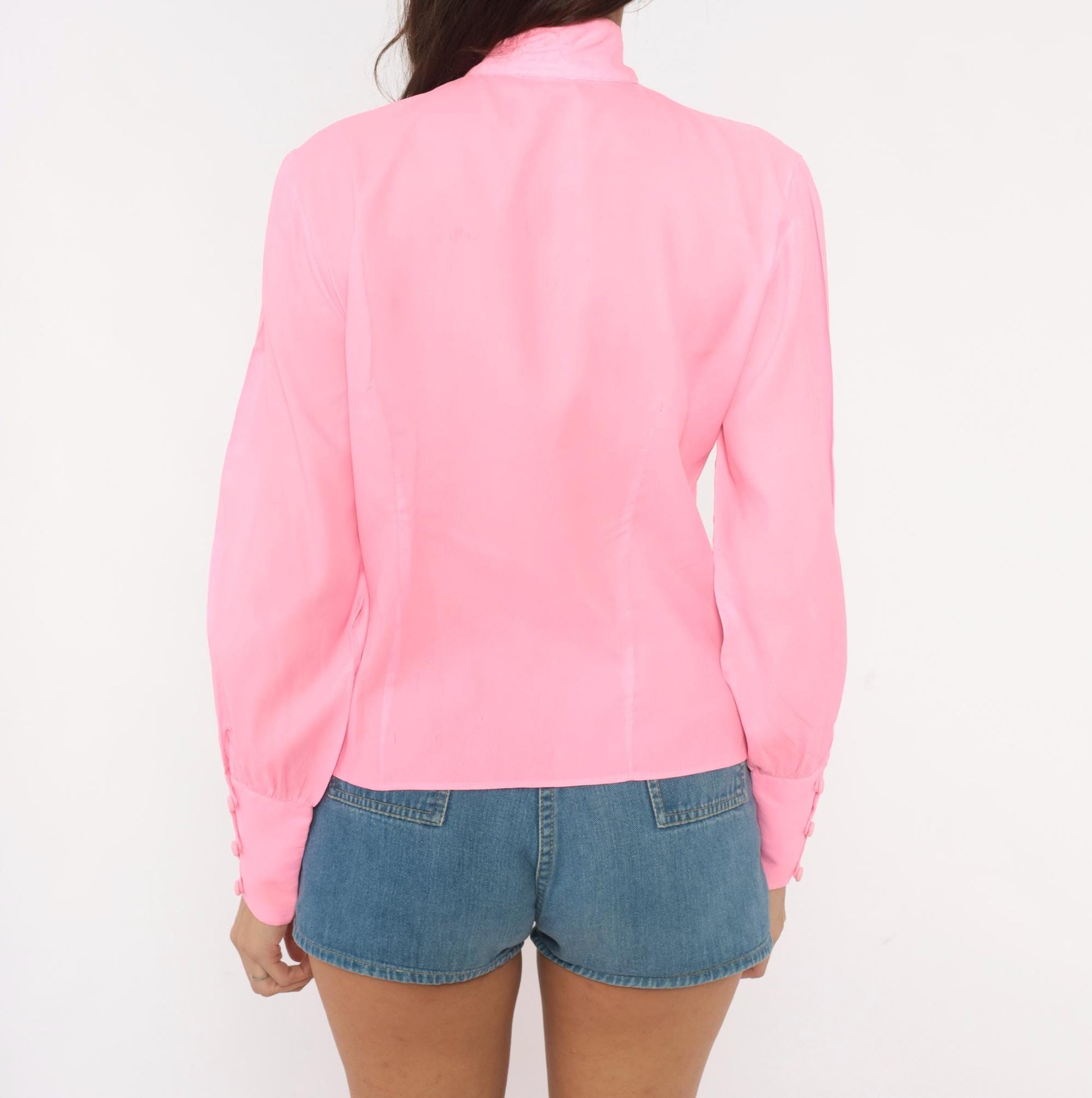 70s Alice Stuart Bubblegum Pink Disco Blouse Mandarin Collar Long Sleeve Small