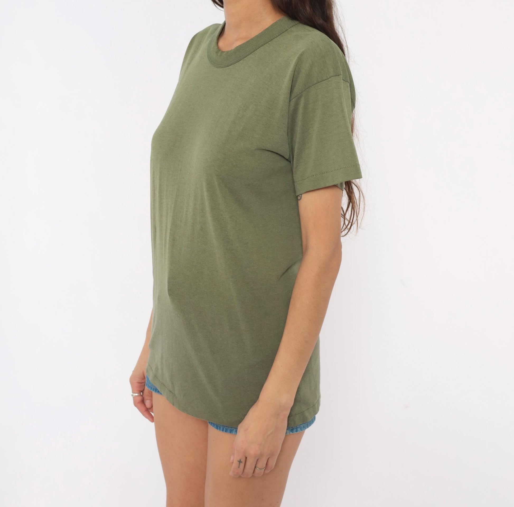 80s Olive Green Cotton Crew Neck Tee Blank Plain Unisex Medium