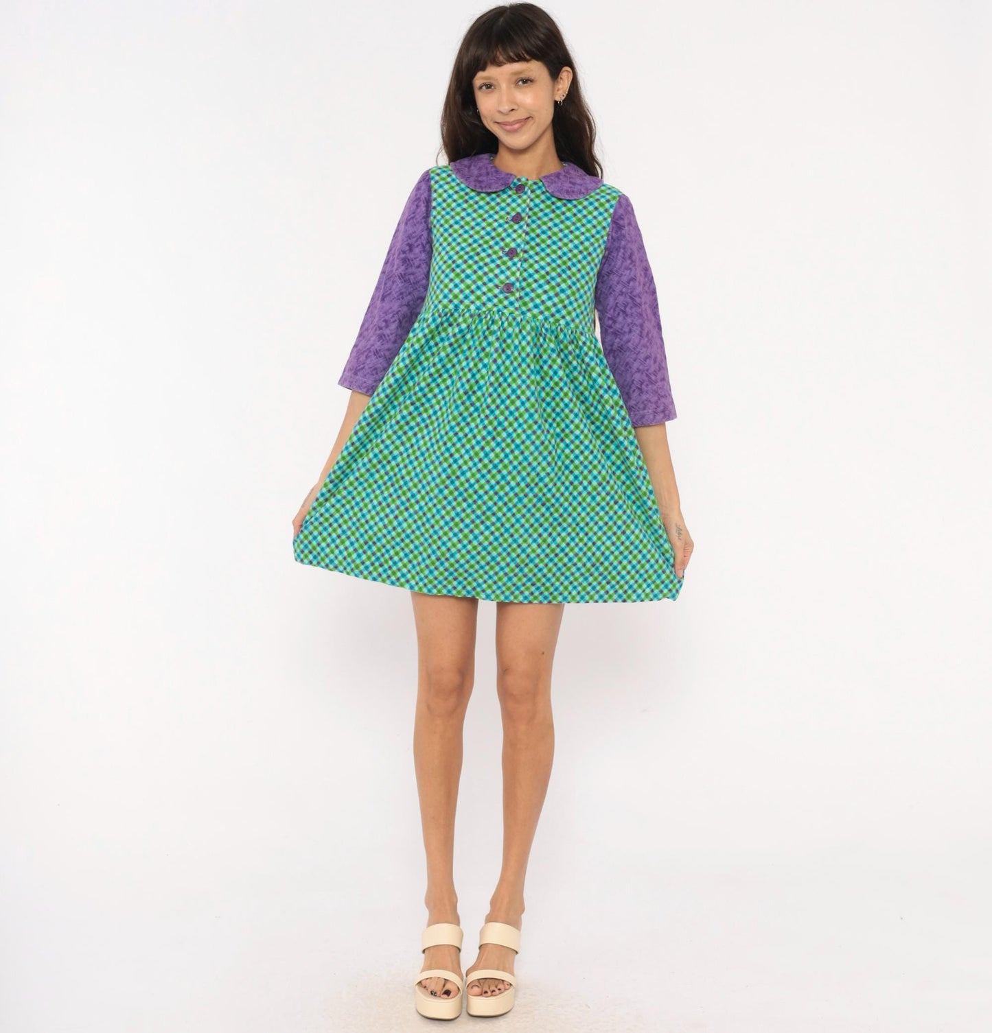 60s Babydoll Dress Purple Green Blue Gingham Peter Pan Collar Mini XS