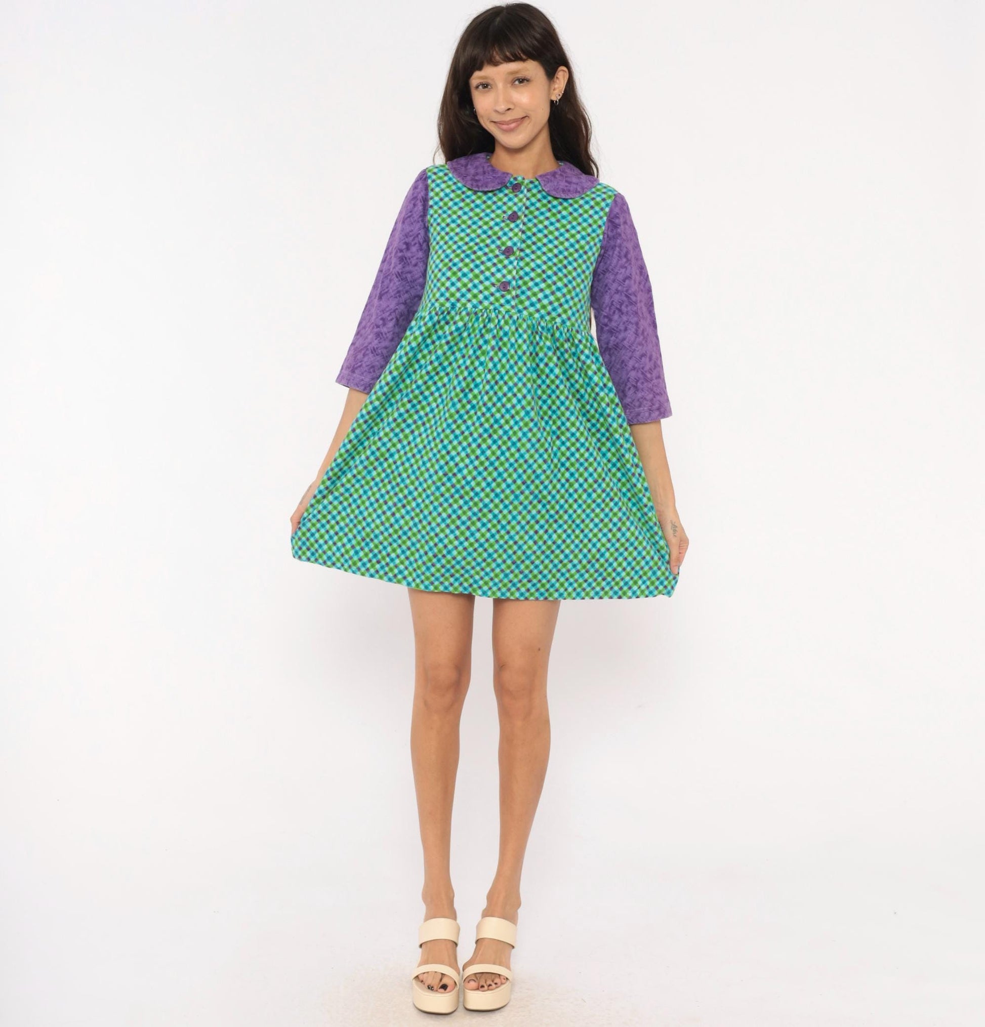 60s Babydoll Dress Purple Green Blue Gingham Peter Pan Collar Mini XS