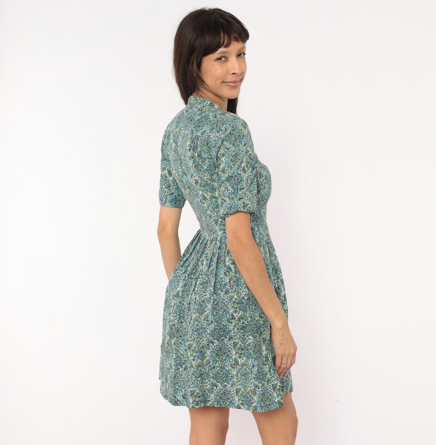 60s Penneys Brentwood Paisley Floral Shirtdress Blue Green Cotton Knee XS