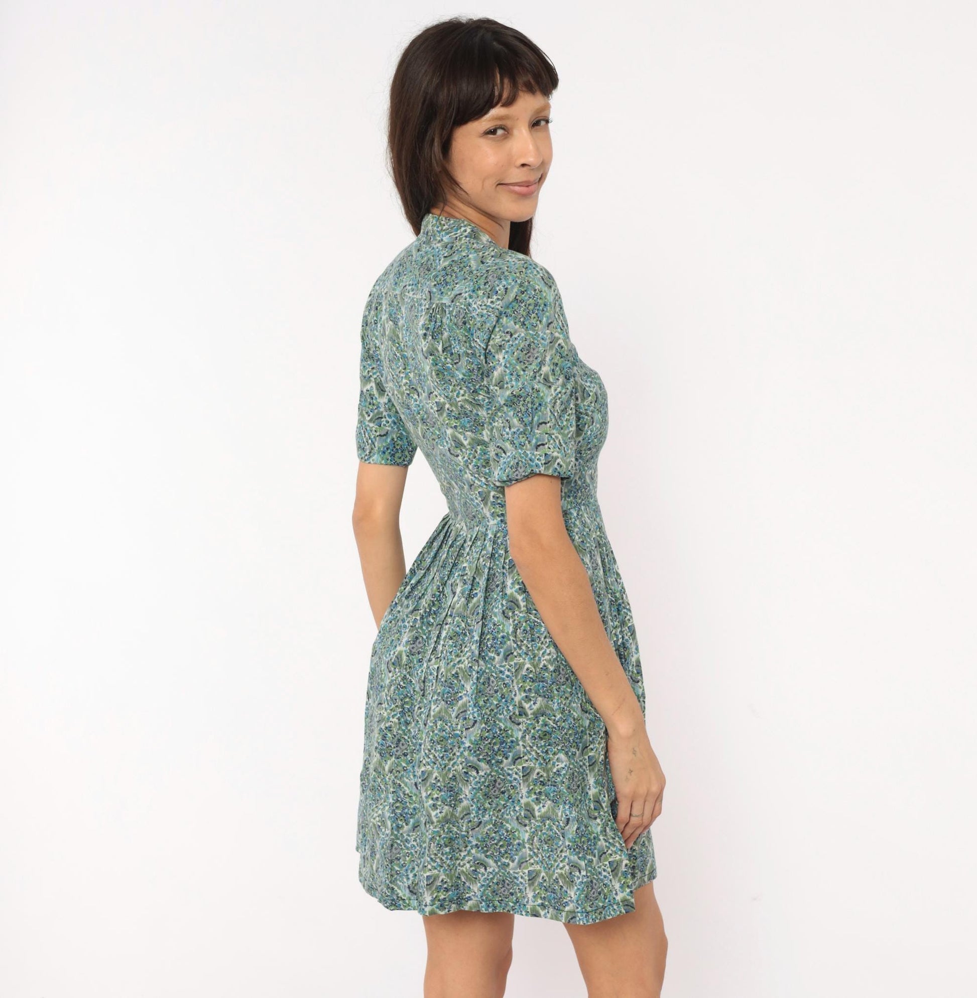 60s Penneys Brentwood Paisley Floral Shirtdress Blue Green Cotton Knee XS