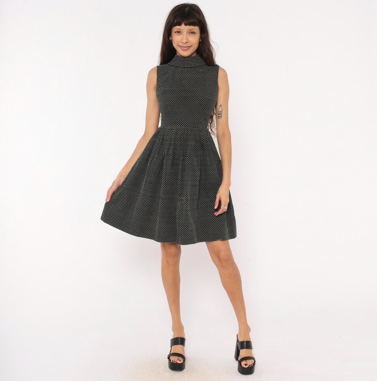 60s Mod Mini Dress Black White Polka Dot Mock Neck Fit Flare Cotton Extra Small