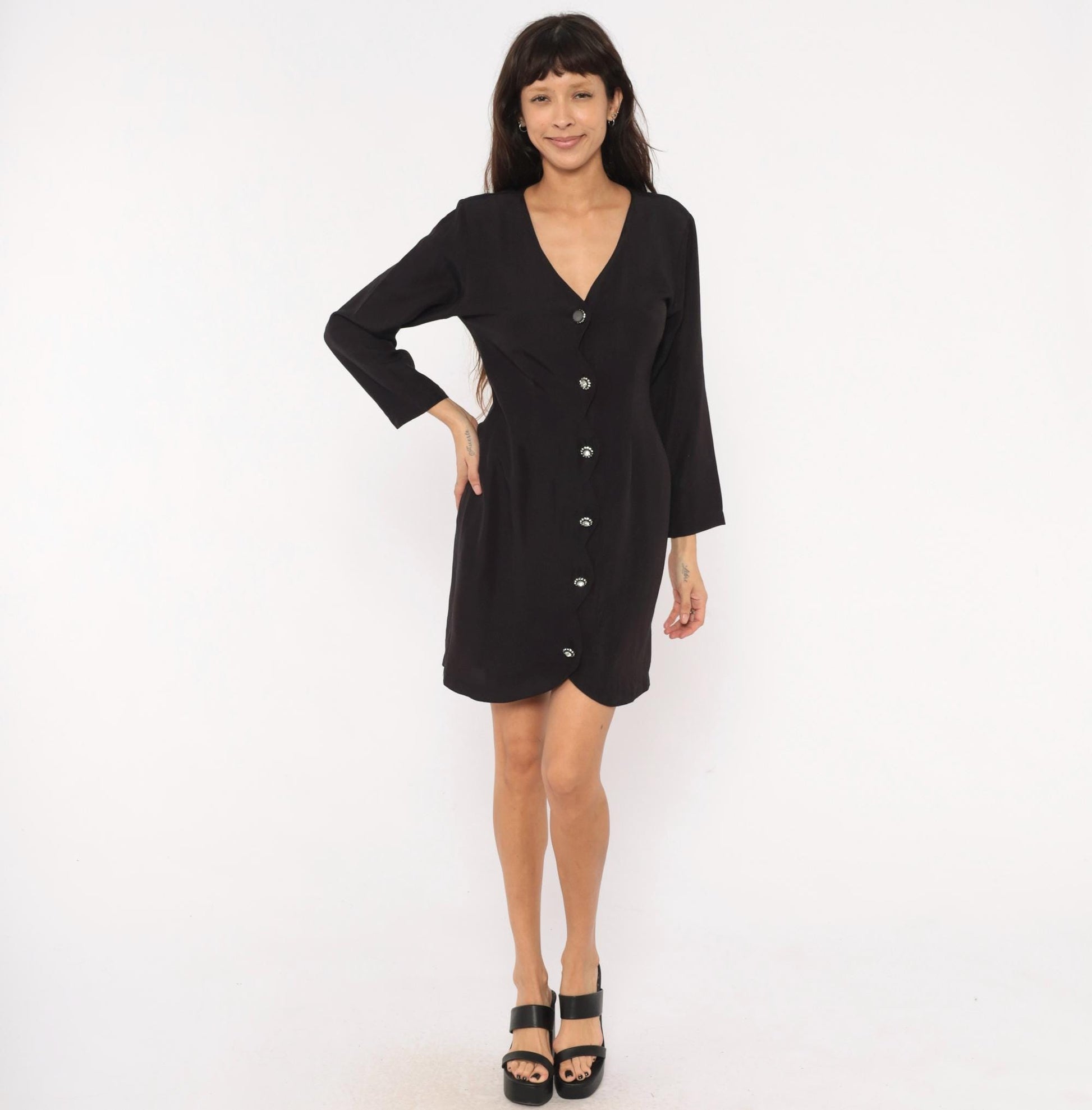 90s La Belle Black Mini Dress V-Neck Rhinestone Buttons Long Sleeve Medium M