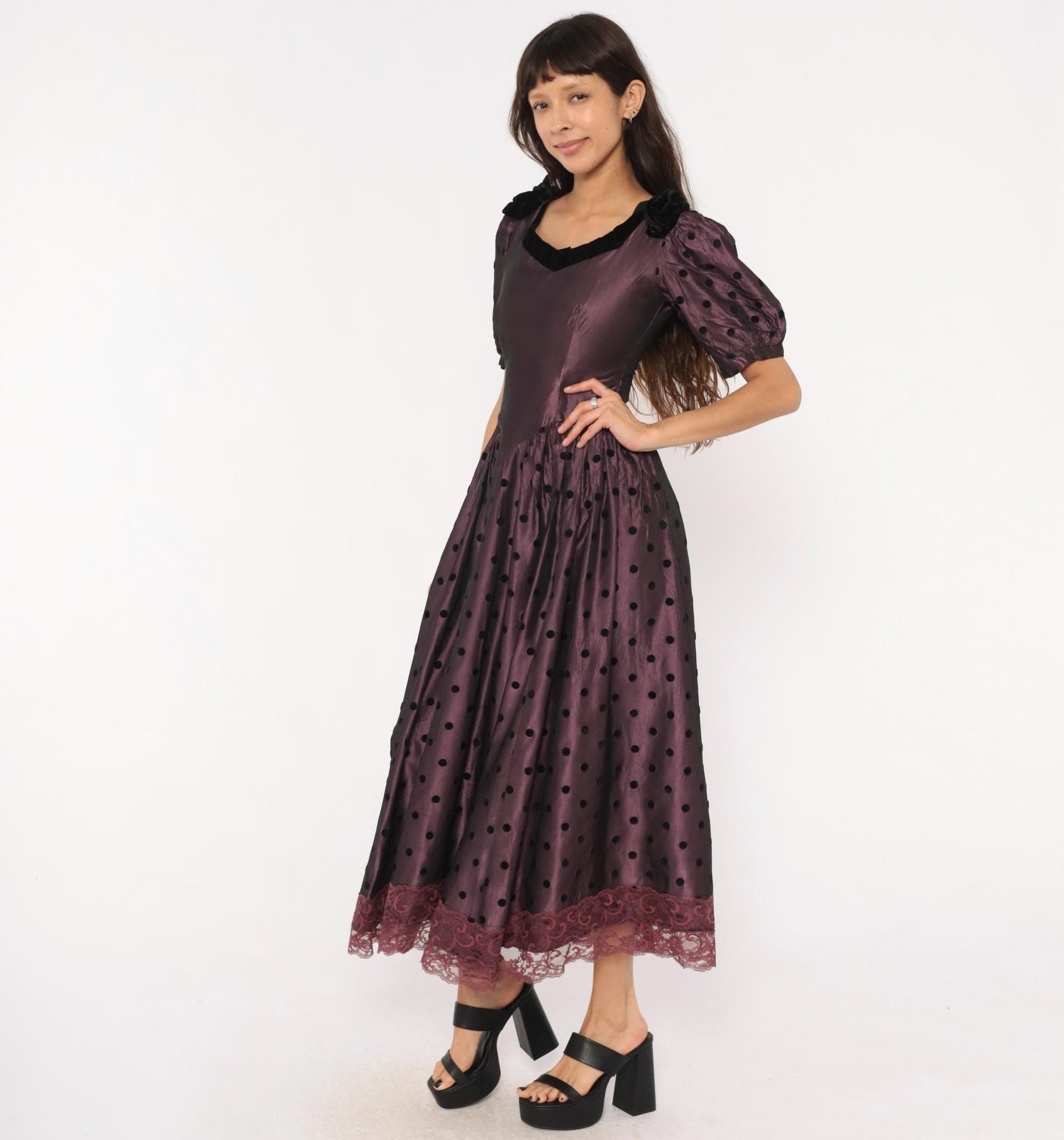 90s Plum Polka Dot Velvet Trim Puff Sleeve Gown V Neck Small