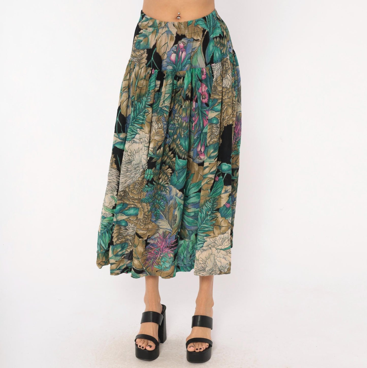90s Karen Kane Tropical Botanical Midi Skirt Teal Olive Black Medium M