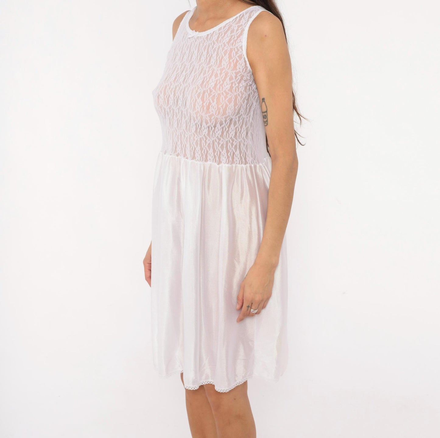 80s Copper Key White Lace Babydoll Slip Dress Satin Bow Nightgown Small