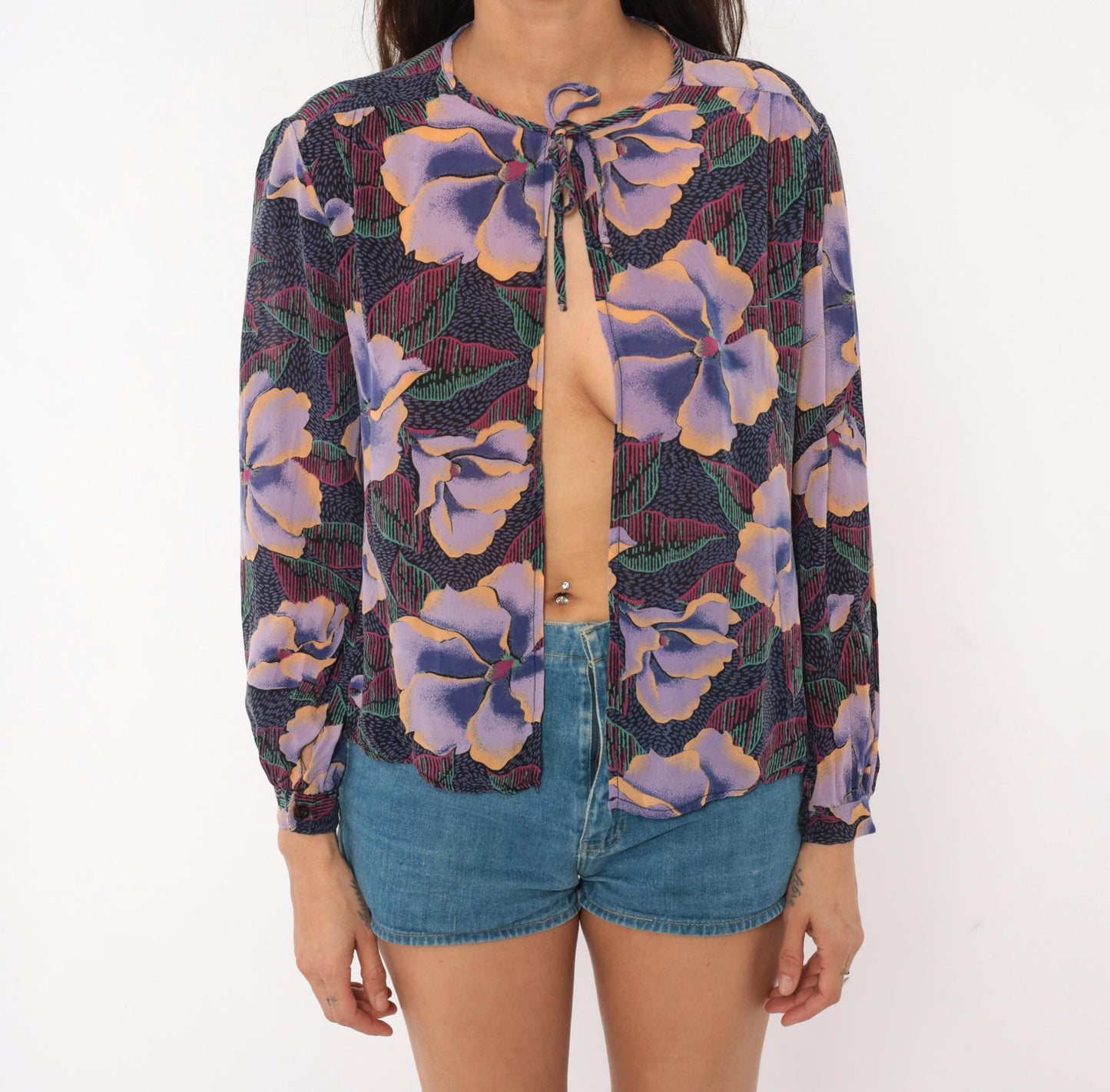 80s In Gear Ltd Tropical Hibiscus Tie-Neck Blouse Purple Lavender Teal Medium
