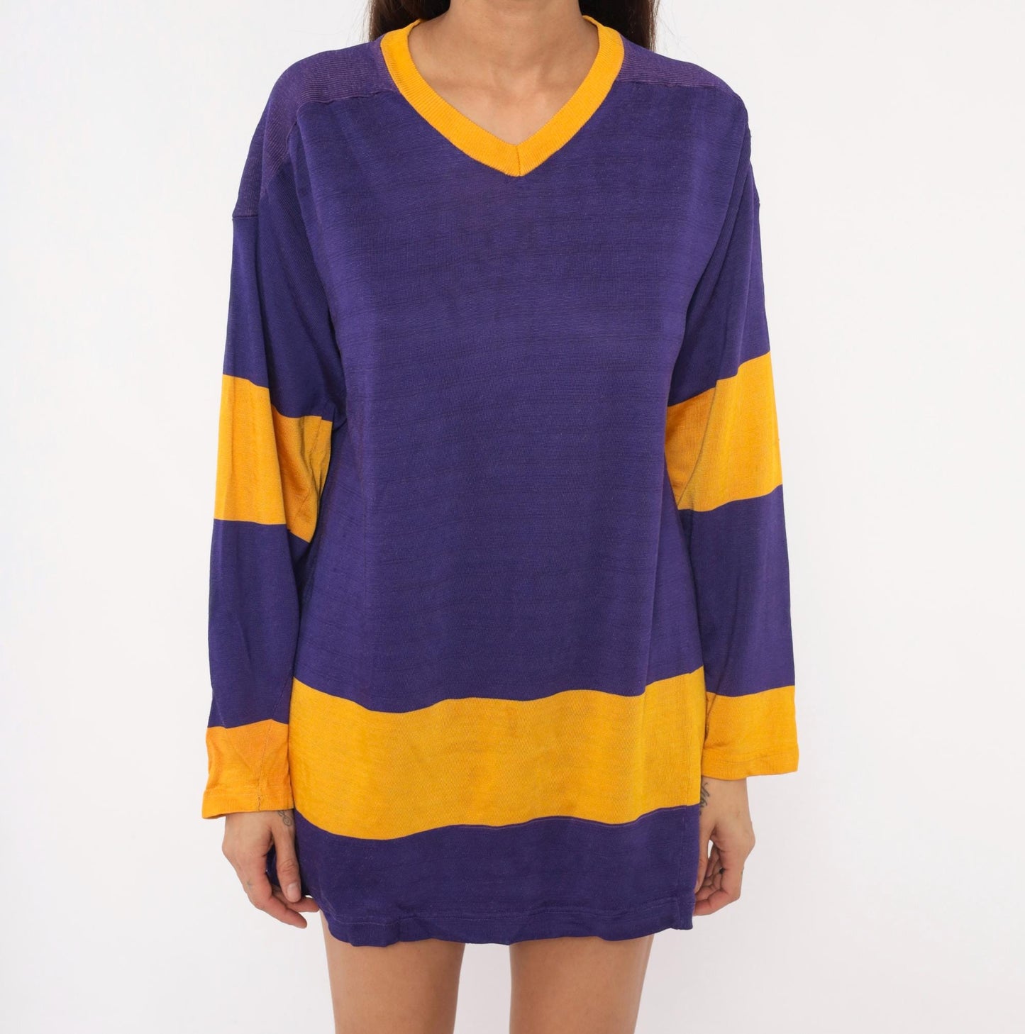 70s Purple Gold Striped V-Neck Pullover Jersey Long Sleeve Small