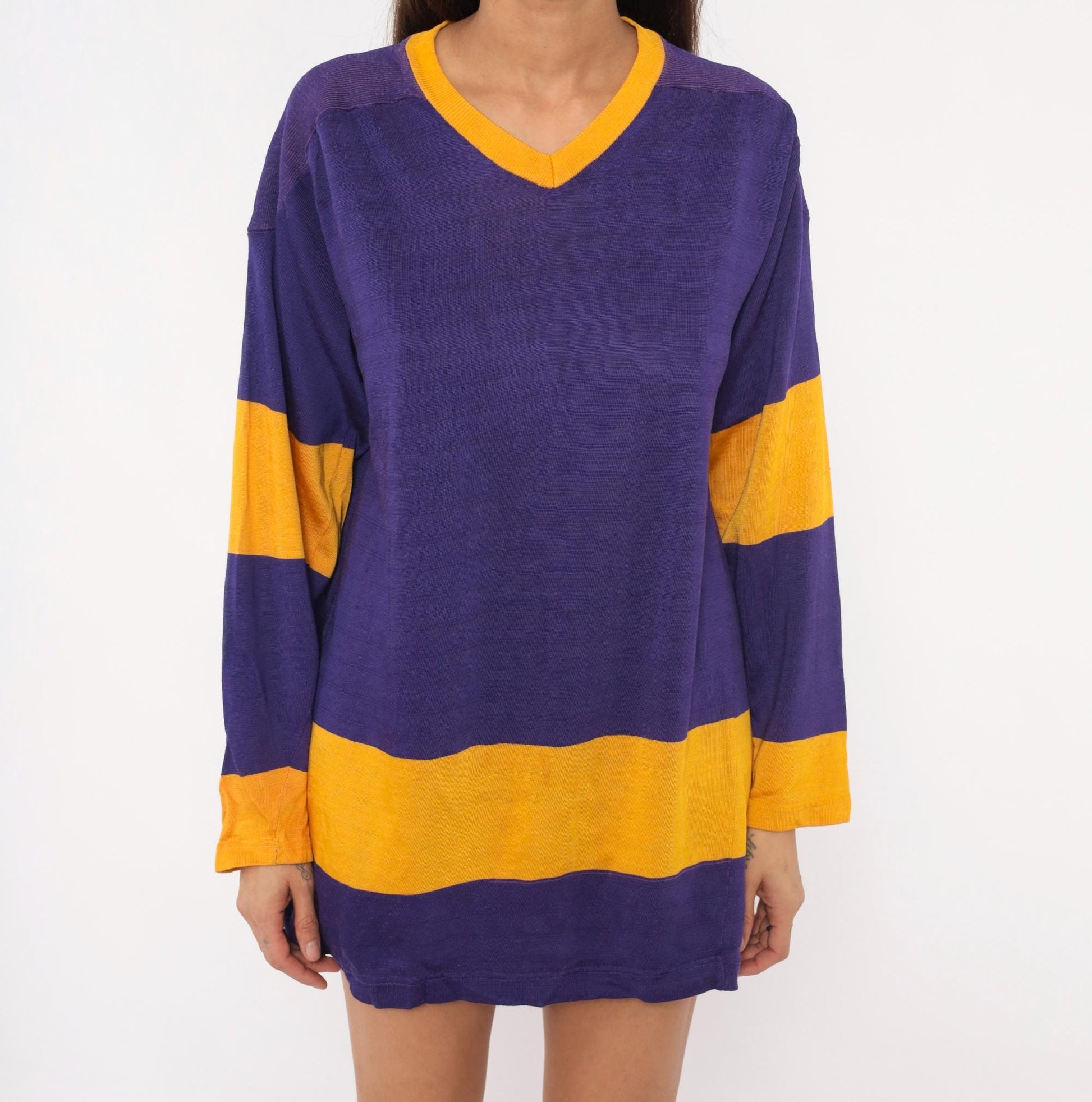 70s Purple Gold Striped V-Neck Pullover Jersey Long Sleeve Small