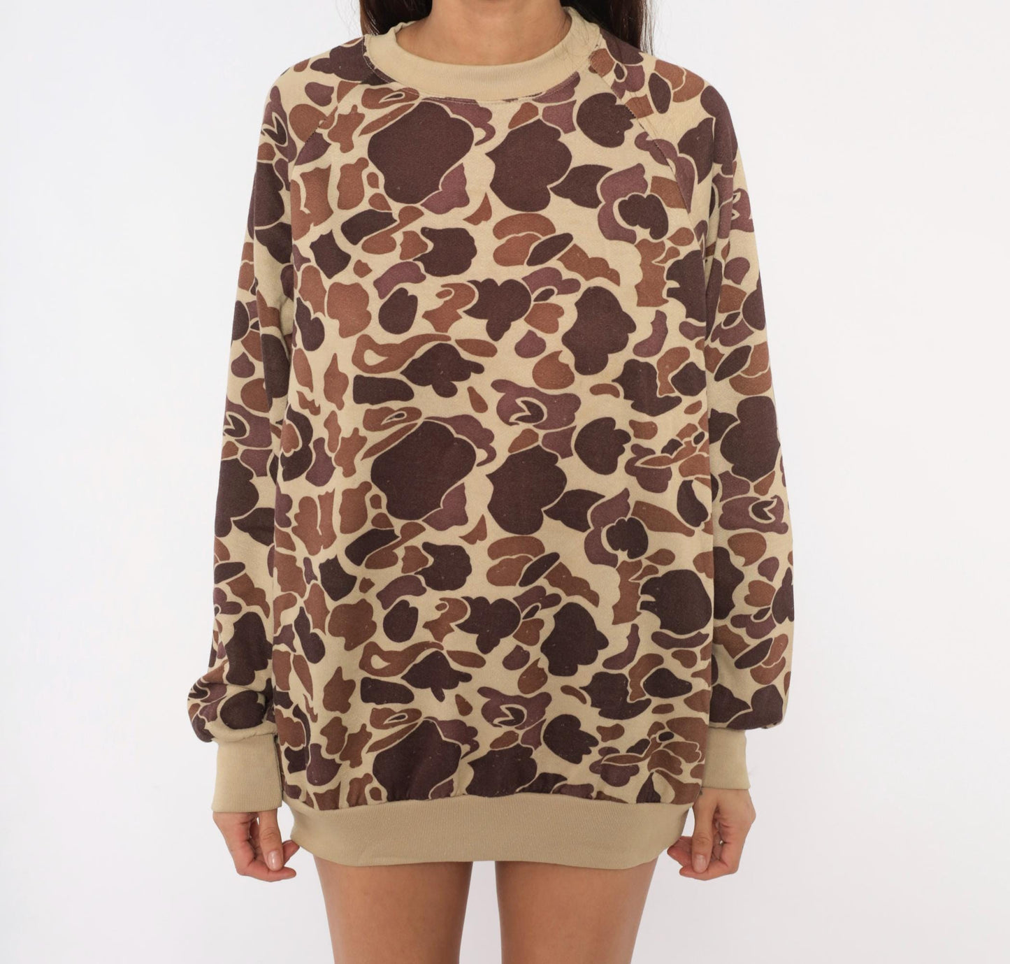 80s Duck Bay Camo Crewneck Sweatshirt Tan Brown Raglan Extra Large XL