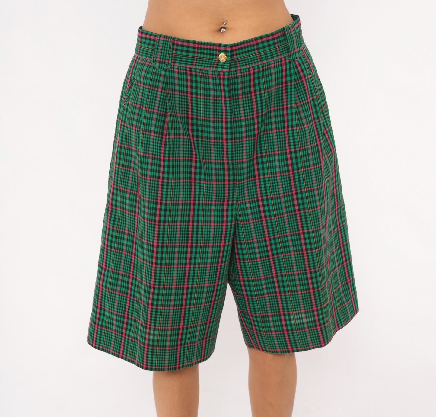 90s Green Plaid Bermuda Shorts High Rise Pleated Tartan Pink Preppy Medium