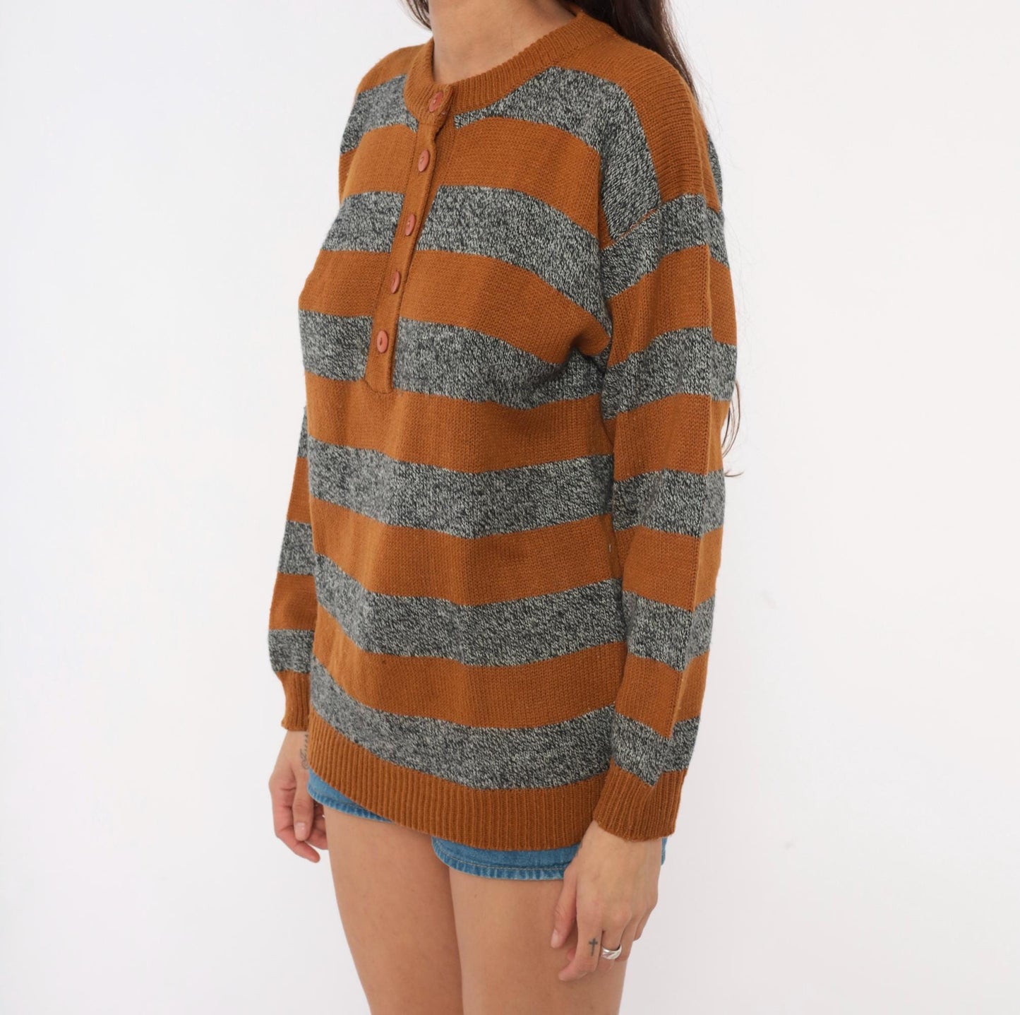 90s Amilano Striped Henley Sweater Mustard Grey Button Front Small