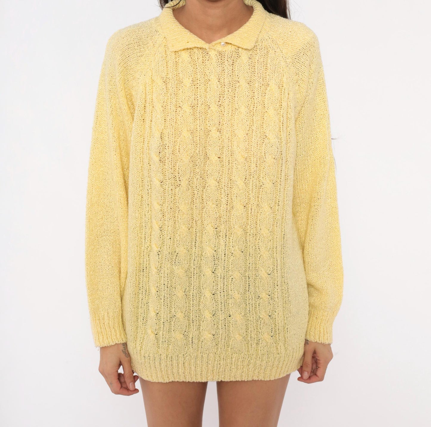 80s Miranda Cable Knit Polo Sweater Yellow Collared Pearl Button Large L