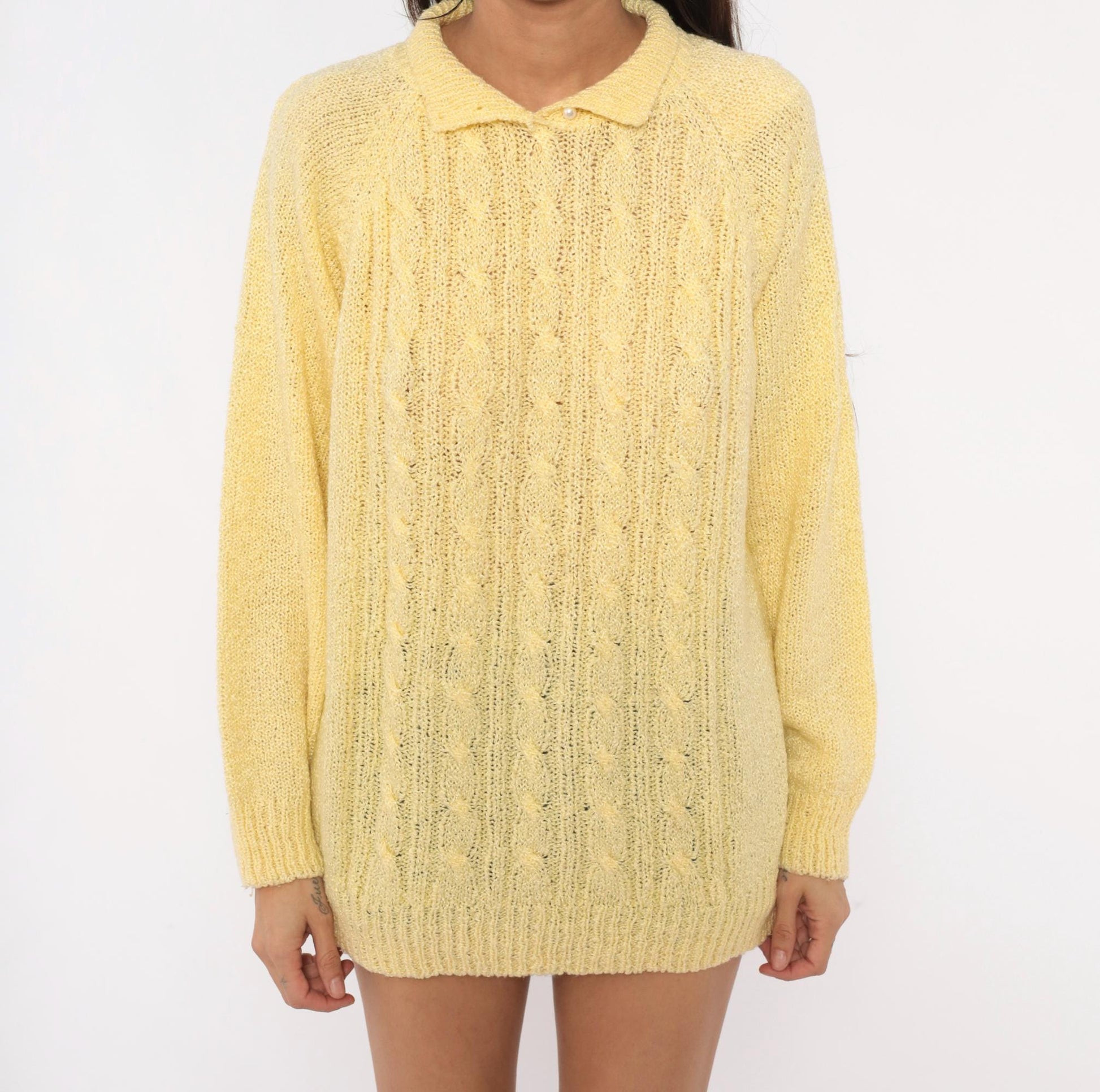 80s Miranda Cable Knit Polo Sweater Yellow Collared Pearl Button Large L