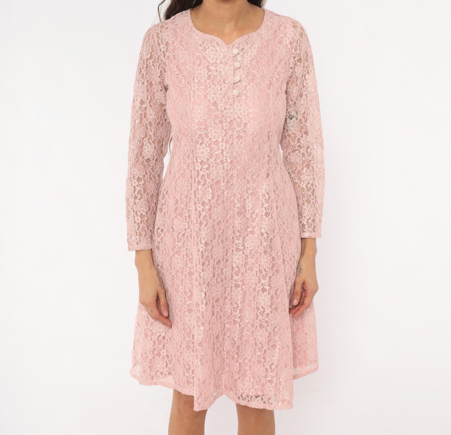 90s Allison Ann Blush Floral Lace Dress Button Front Corset Back Large L