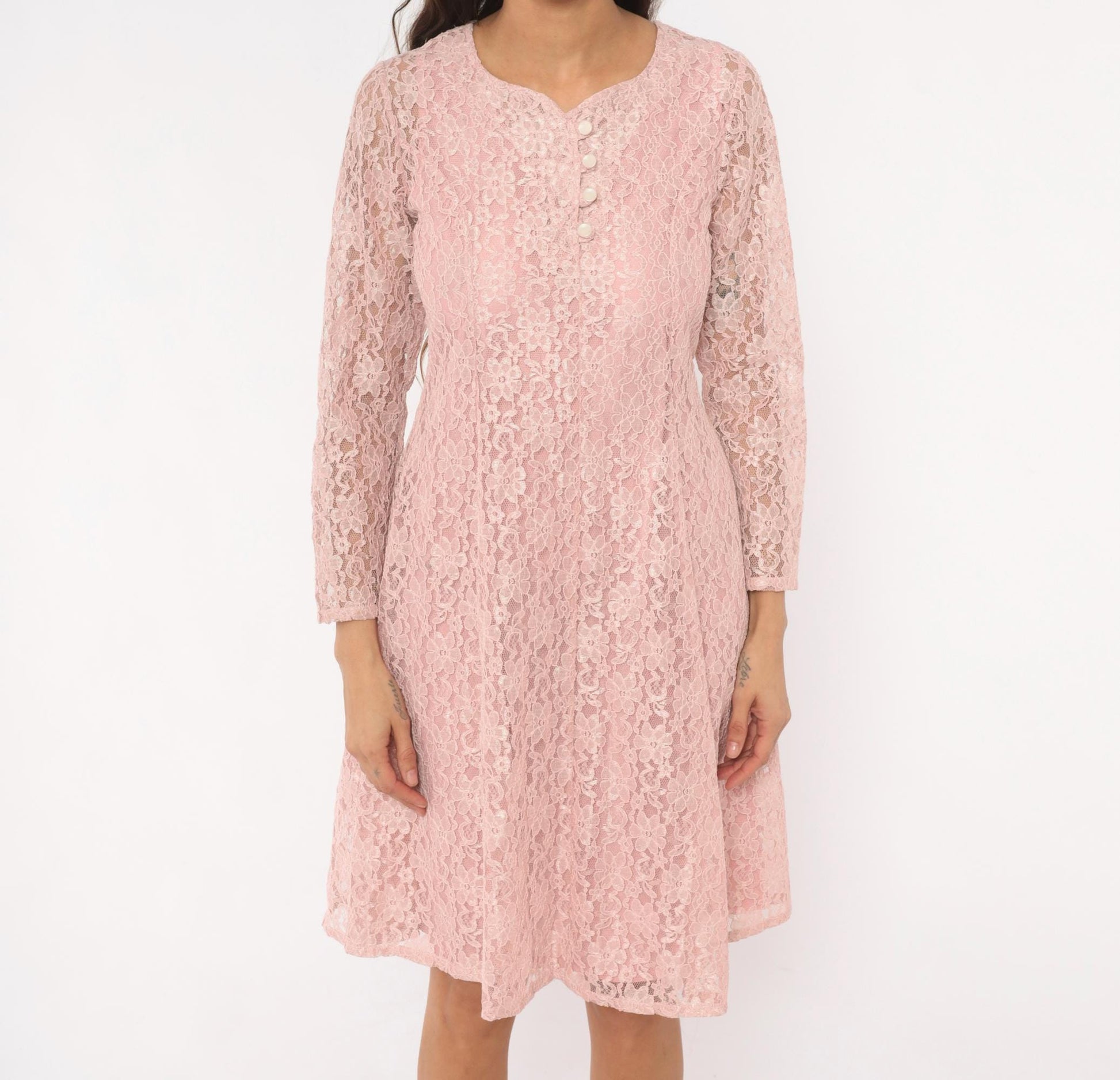 90s Allison Ann Blush Floral Lace Dress Button Front Corset Back Large L