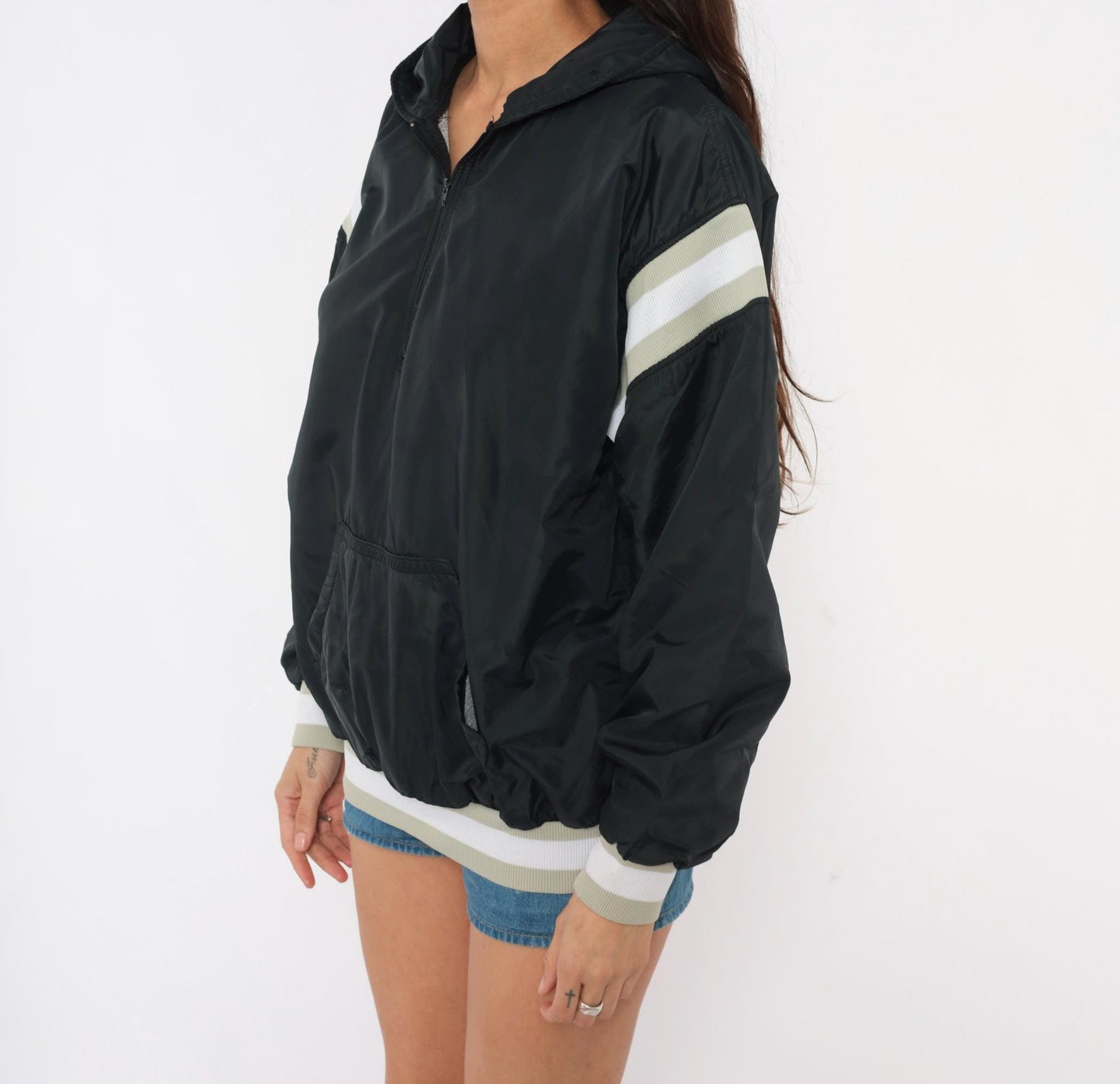 90s Russell Athletic Black Hooded Windbreaker Striped Sleeve Small