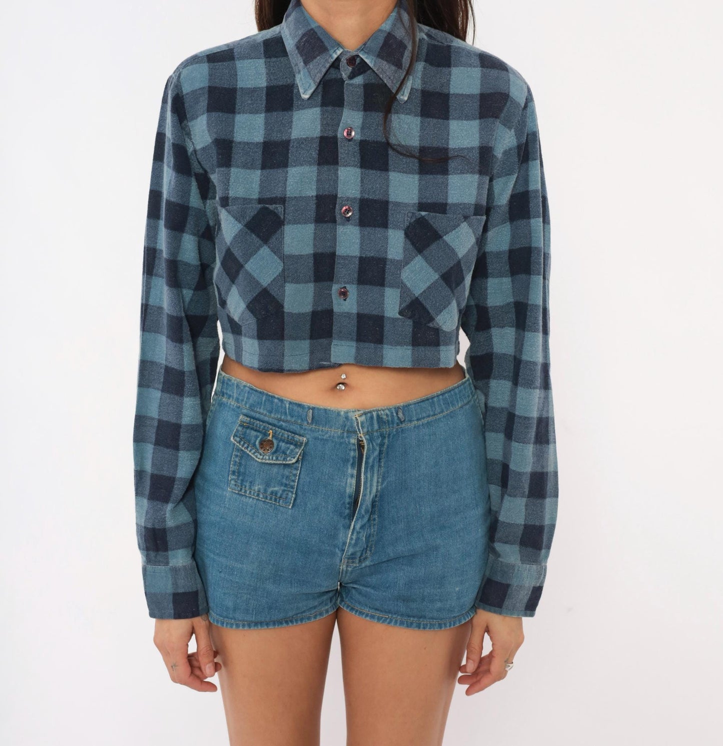 90s Dickies Buffalo Plaid Flannel Shirt Cropped Blue Navy Cotton Small