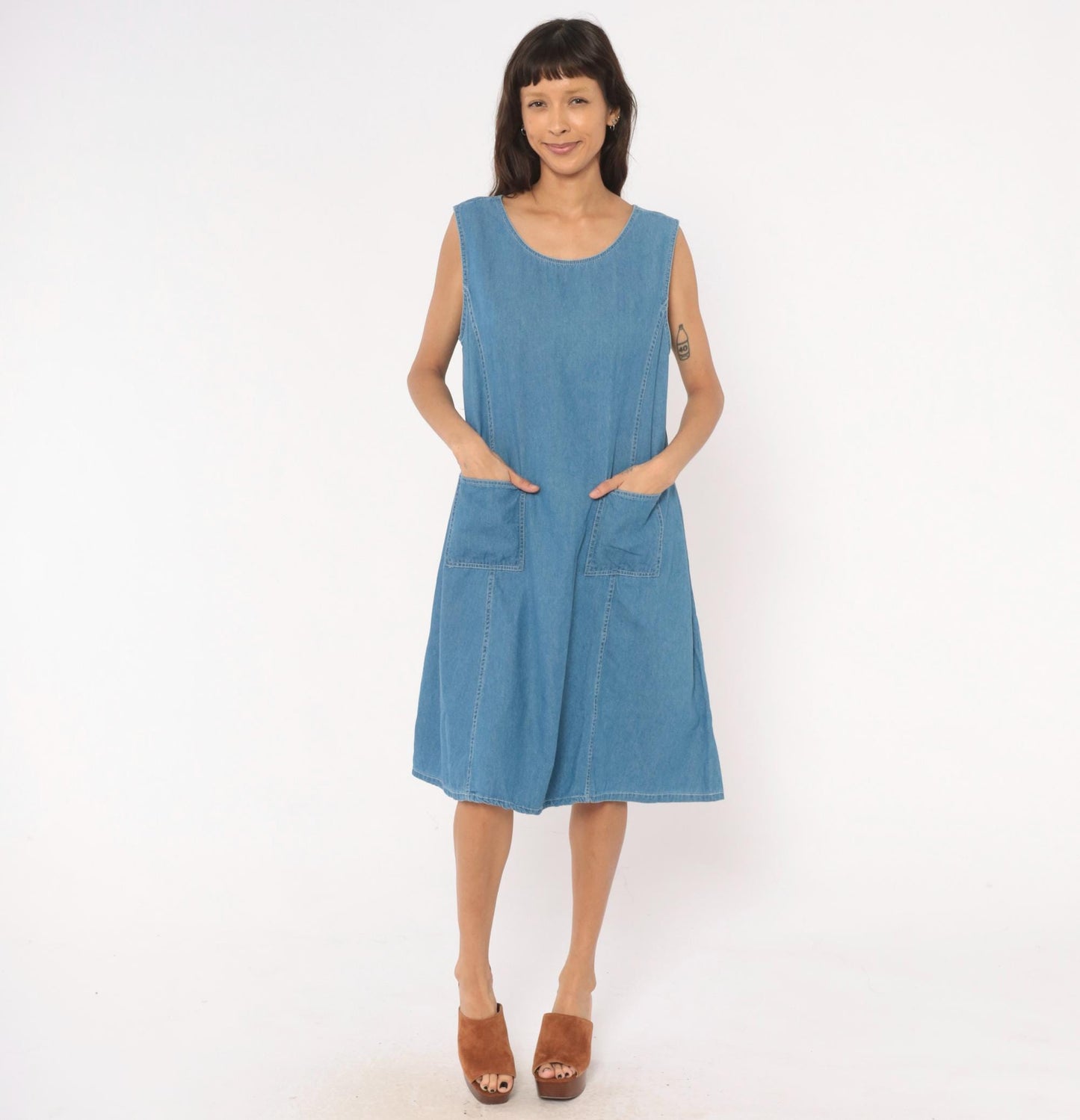 90s Denim Jazz Jumper Dress Sleeveless Scoop Neck Blue Shift Large L