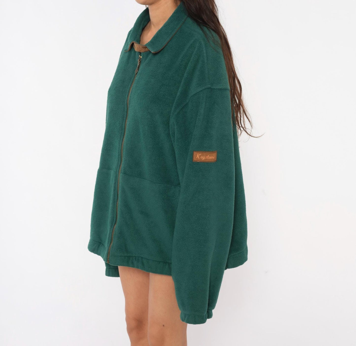 90s Keystone Forest Green Full Zip Fleece Jacket Brown Leather Trim Large L