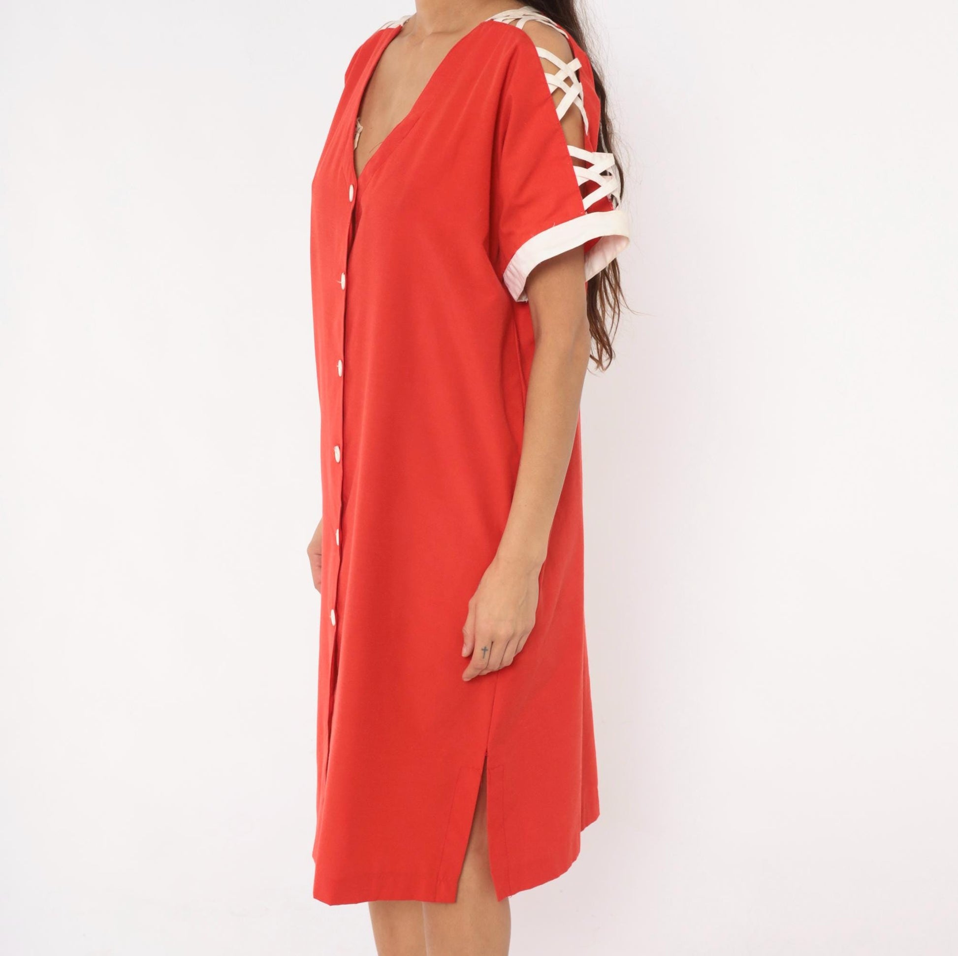 80s Act I Red Cotton Dress V-Neck Criss-Cross Cold Shoulder Large L