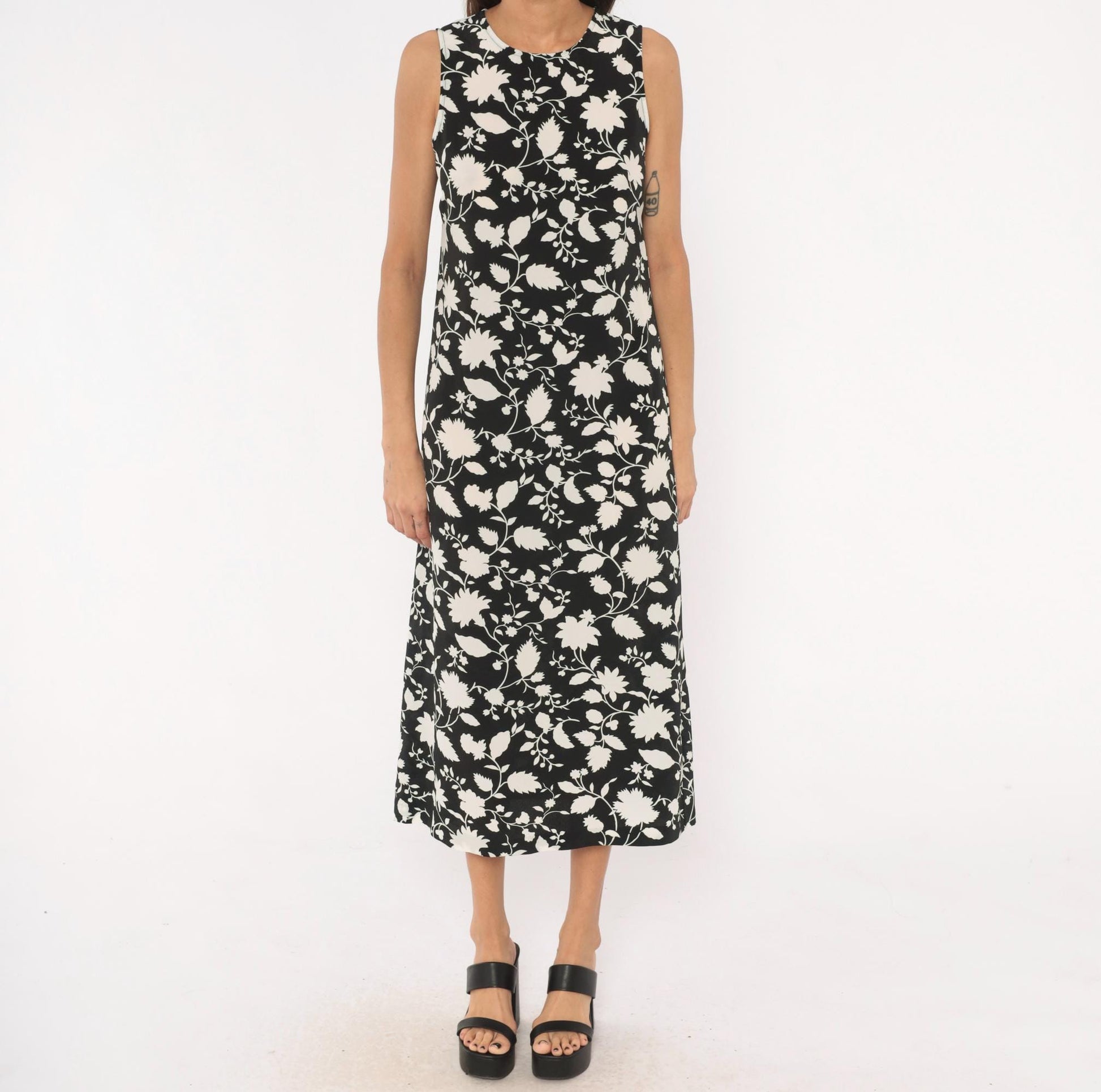 00s Old Navy Black Cream Floral Midi Dress Sleeveless Small S