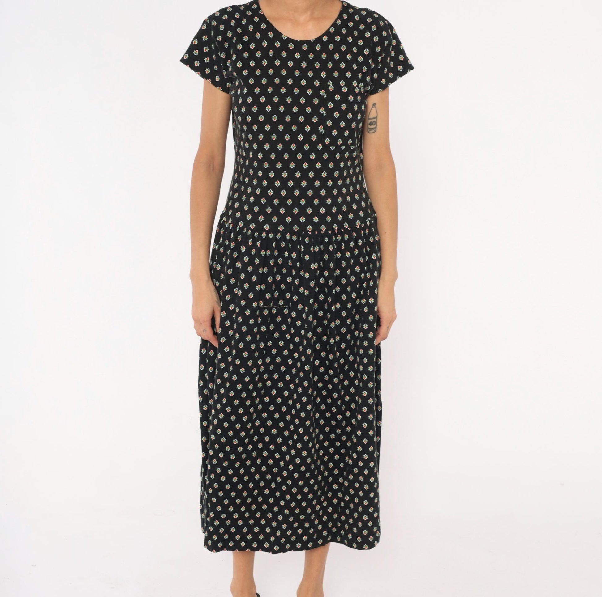 90s LizSport Foulard Print Midi Dress Black Cotton Short Sleeve Medium M