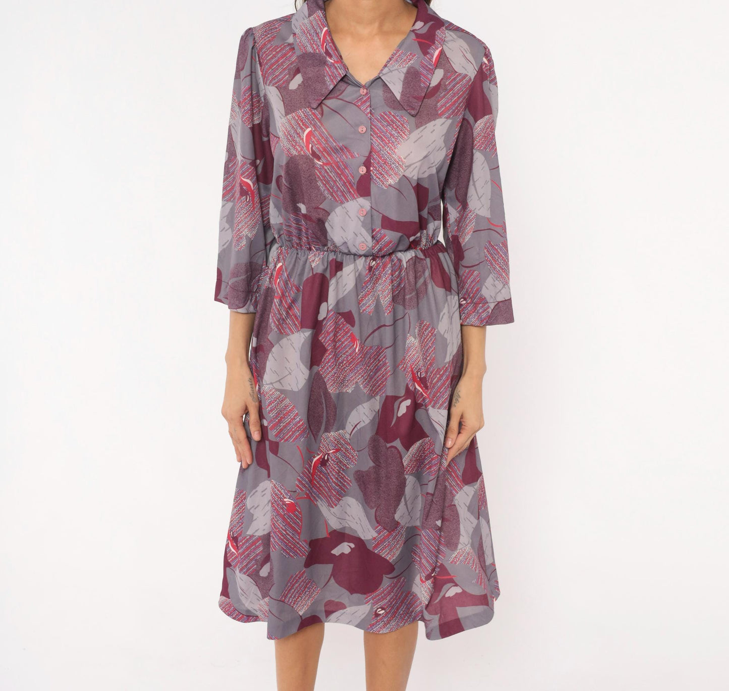 70s Abstract Leaf Floral Button Front Dress Grey Burgundy Knee-Length Medium M