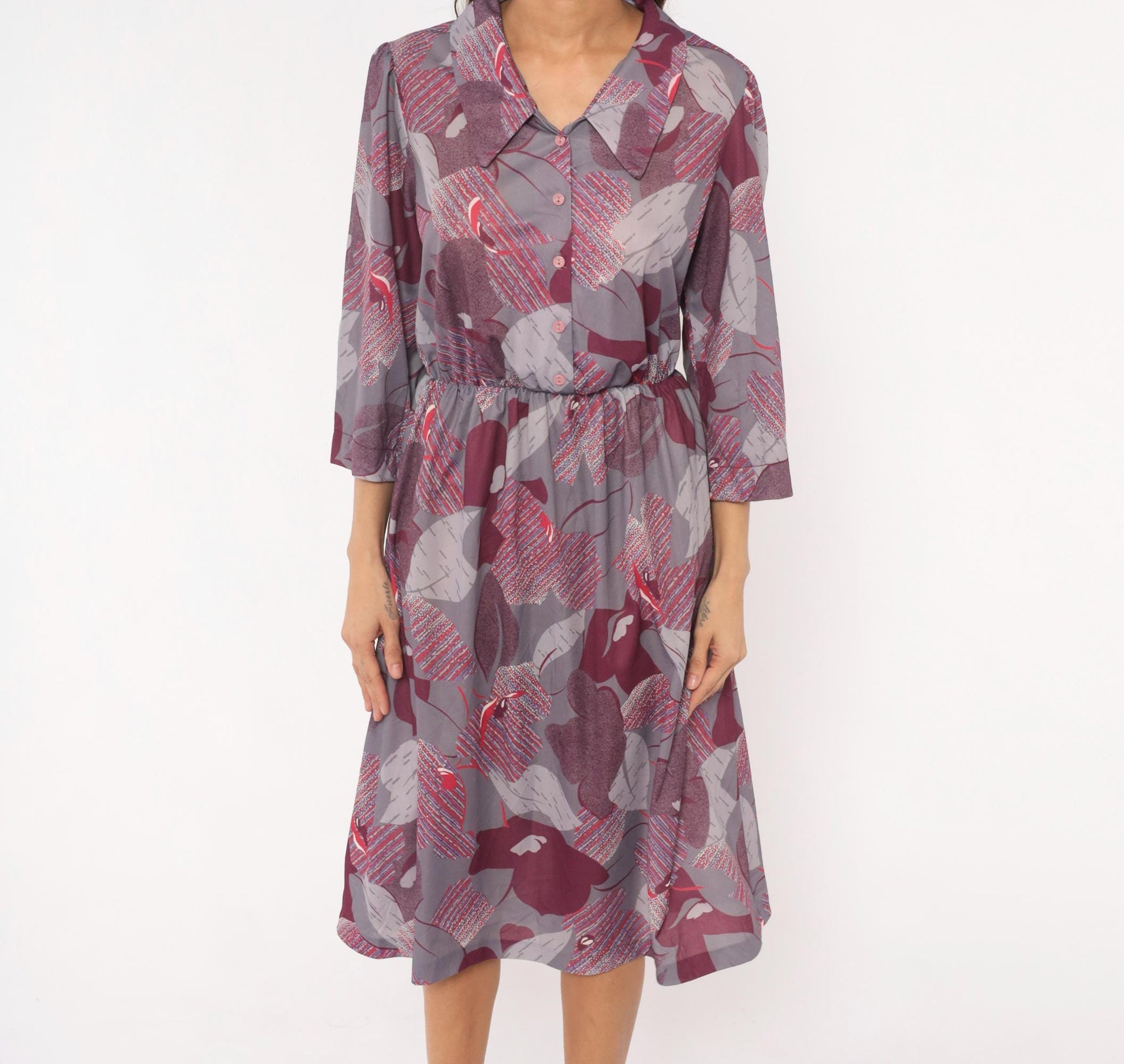 70s Abstract Leaf Floral Button Front Dress Grey Burgundy Knee-Length Medium M