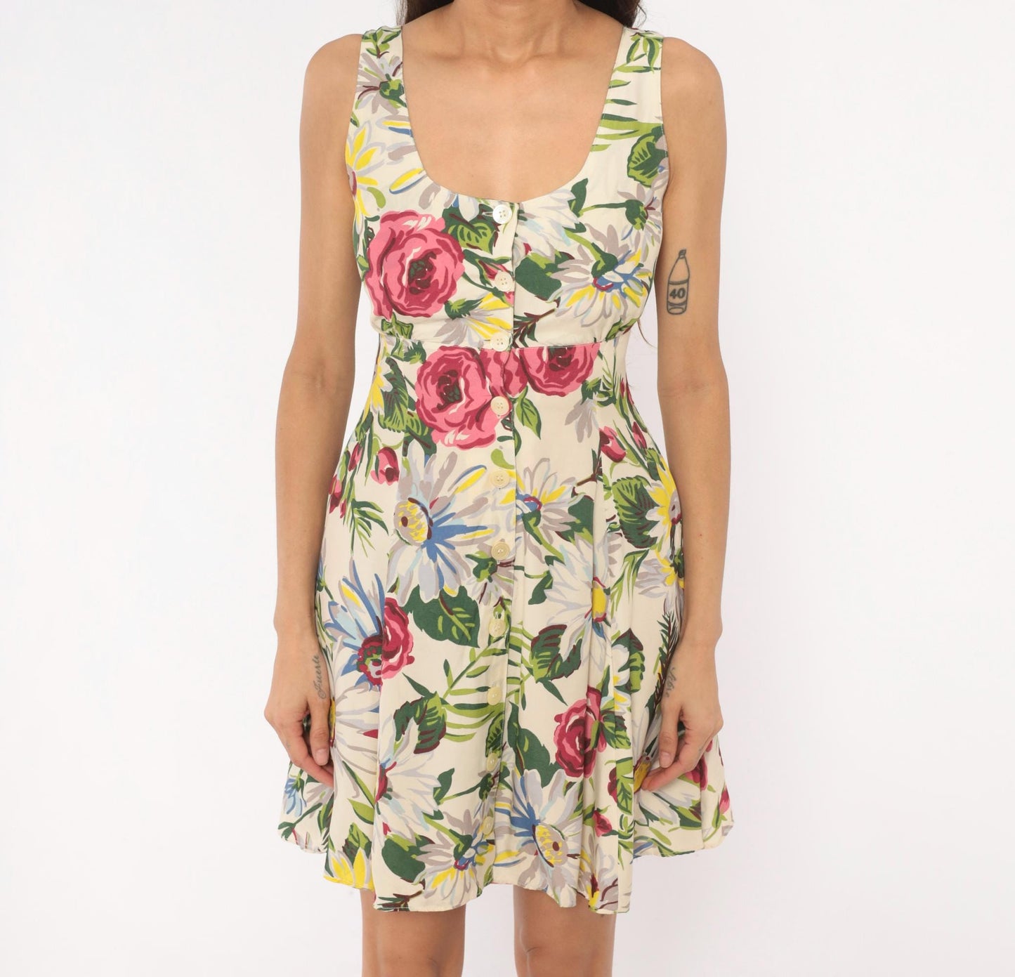 90s Esprit Floral Sundress Rose Daisy Print Button Front Cream Small