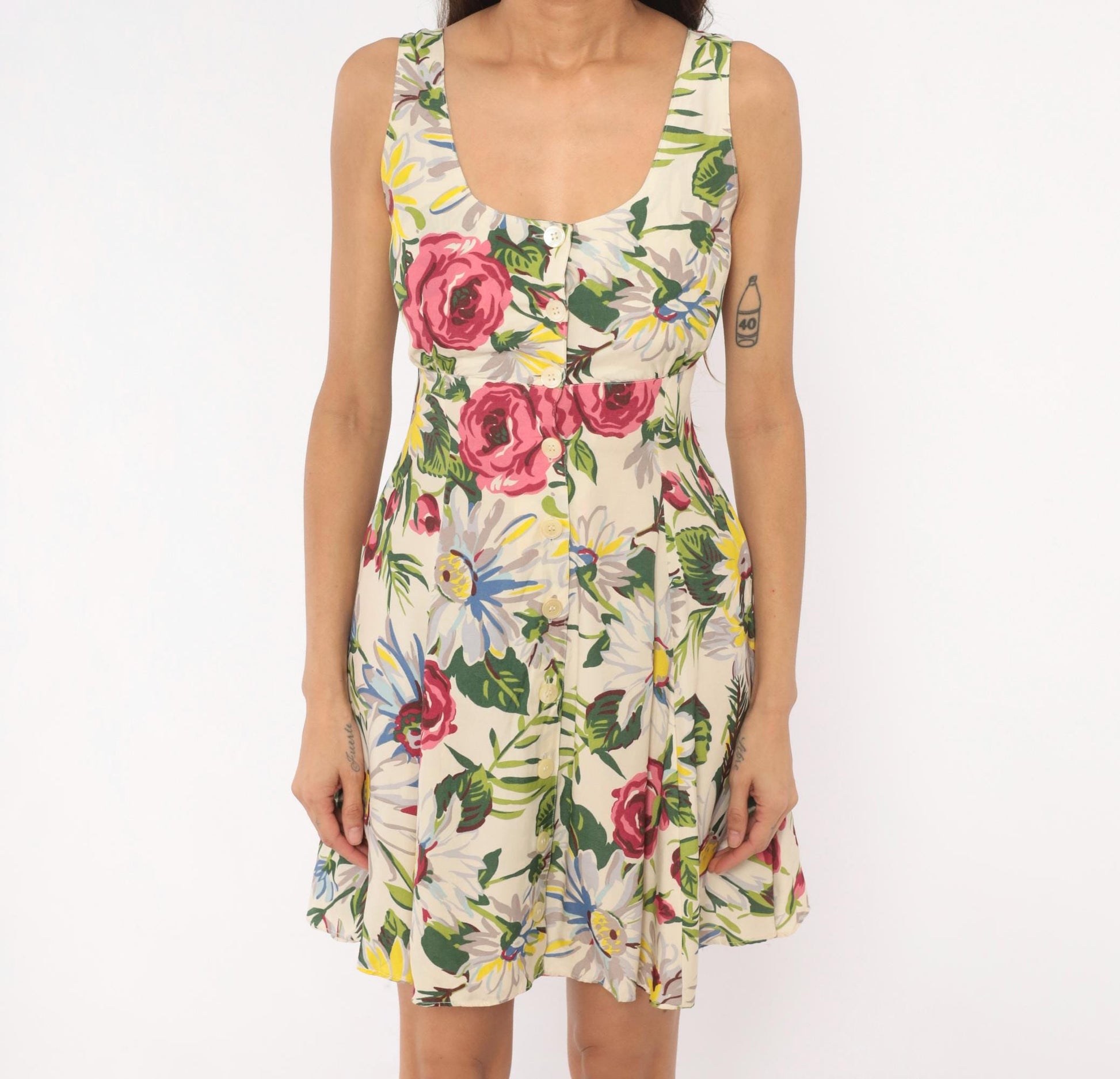 90s Esprit Floral Sundress Rose Daisy Print Button Front Cream Small