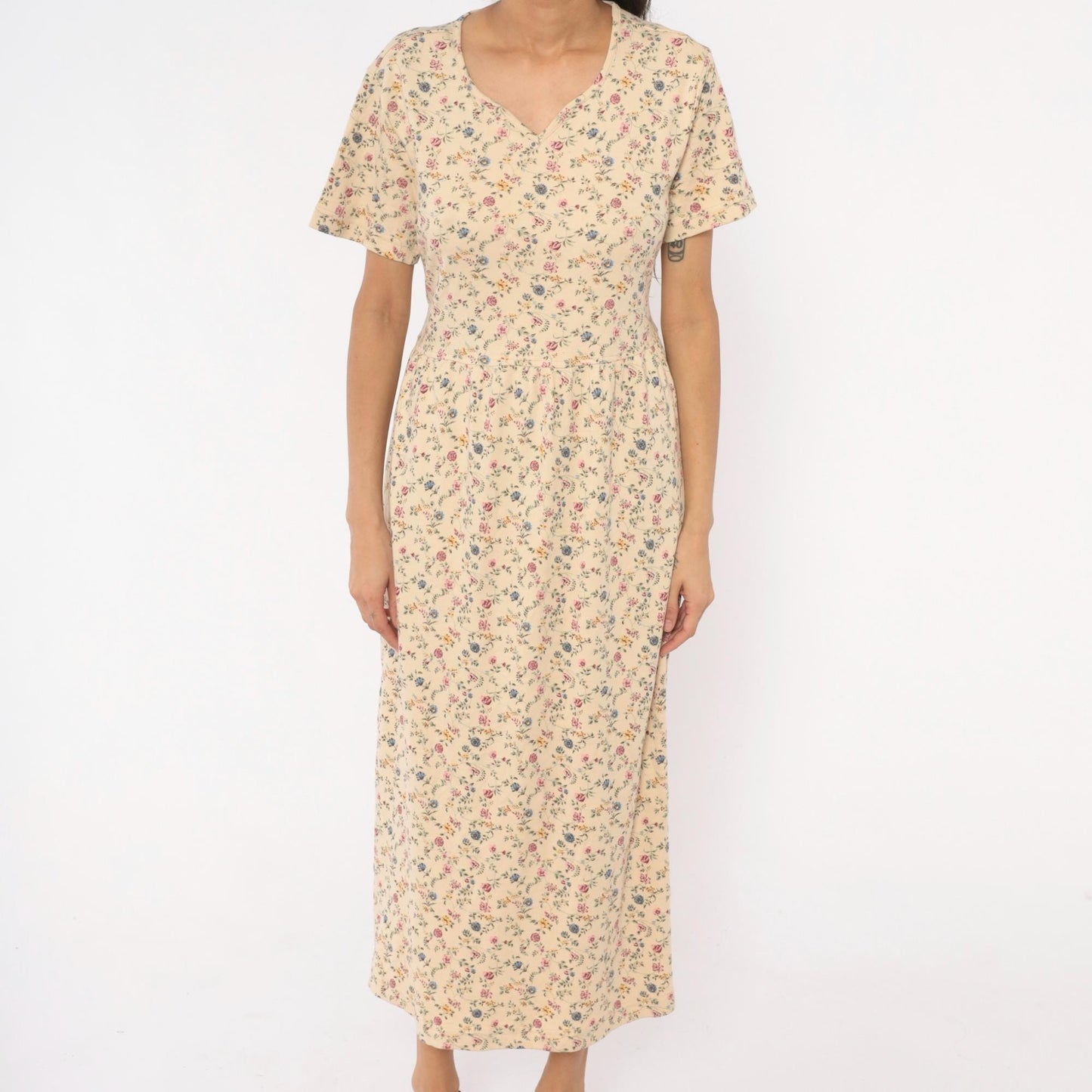90s Blair Ditsy Floral Maxi Dress Cream Cotton Prairie V-Neck Medium Petite