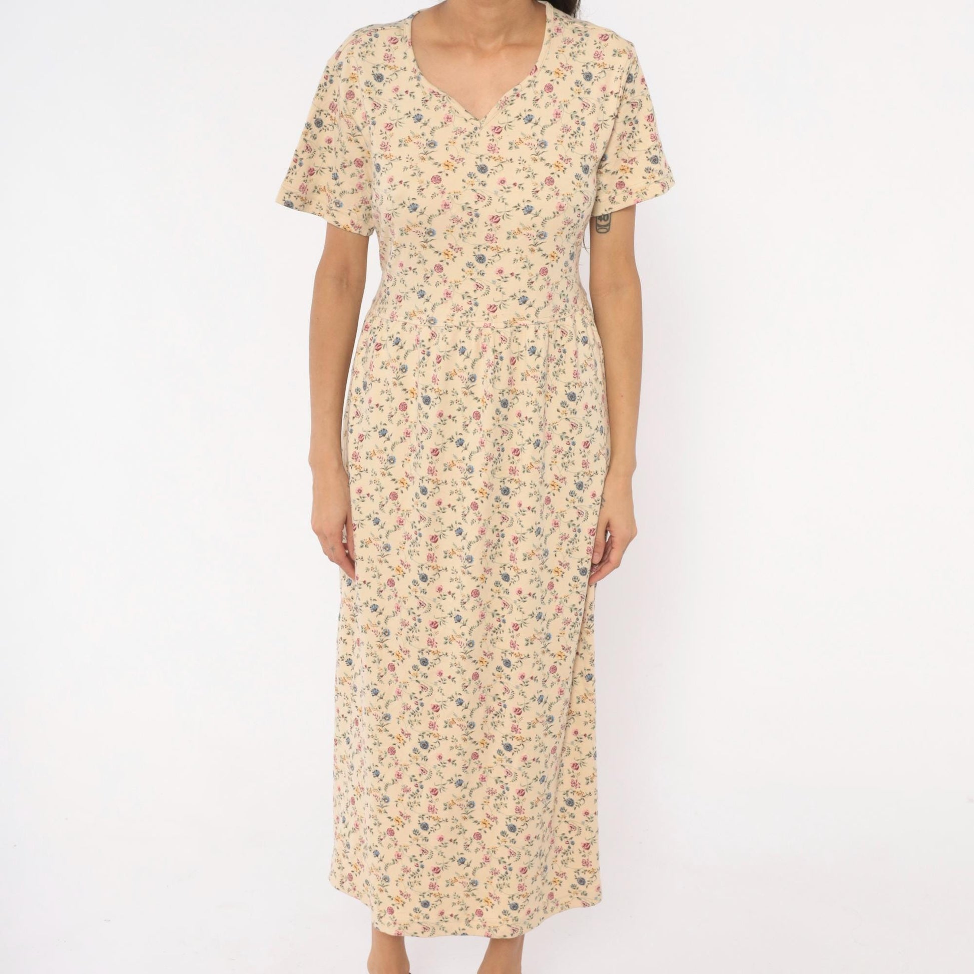 90s Blair Ditsy Floral Maxi Dress Cream Cotton Prairie V-Neck Medium Petite