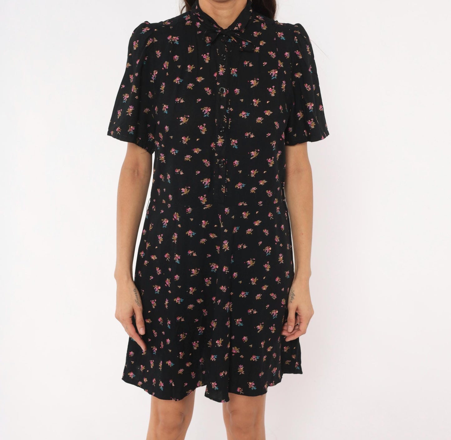 80s Belle France Ditsy Floral Babydoll Mini Dress Black Puff Sleeve Medium